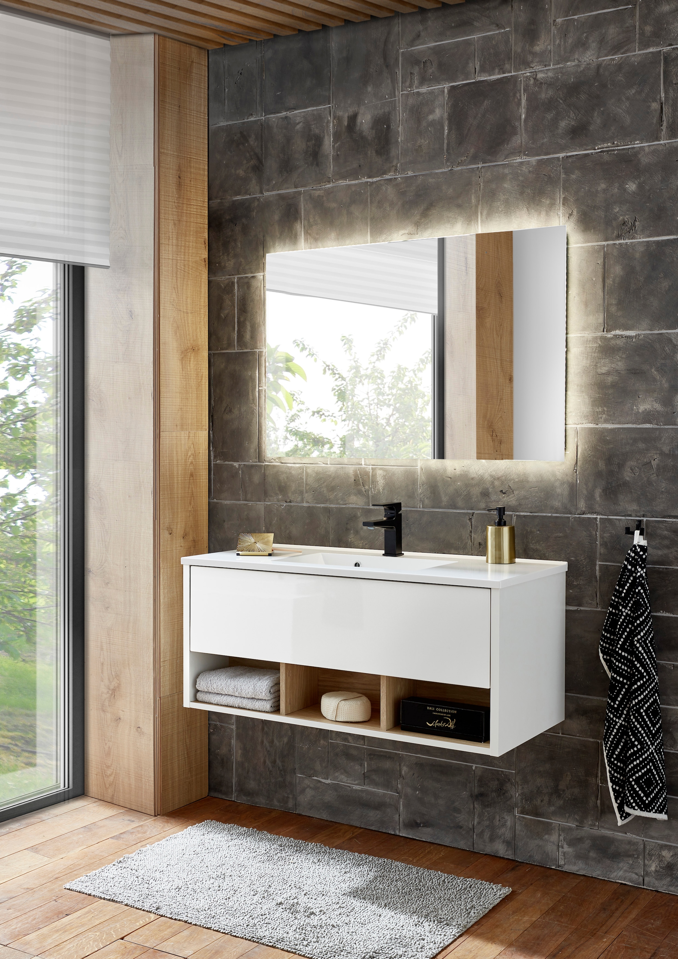 PLACES OF STYLE Badmöbel-Set »Studio Line, Bad im modernen Design, 2-teiliges Badezimmer« in 2 Farben und 2 Spiegelformen lieferbar, 2 Stk. tlg.