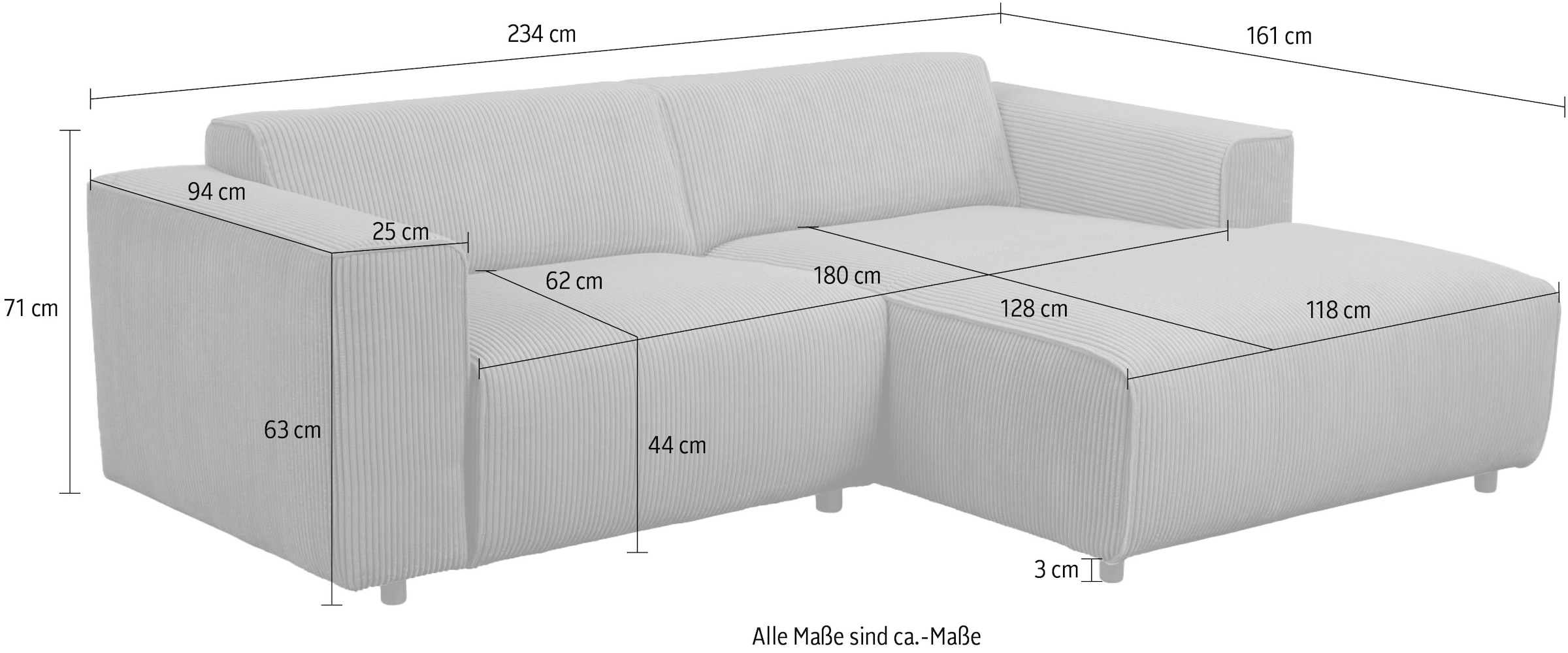 andas Ecksofa »Noord mit Kedernaht, Breite 234 cm«, Cord, Struktur, Webstoff, mit Wellenunterfederung, Massivholzrahmen