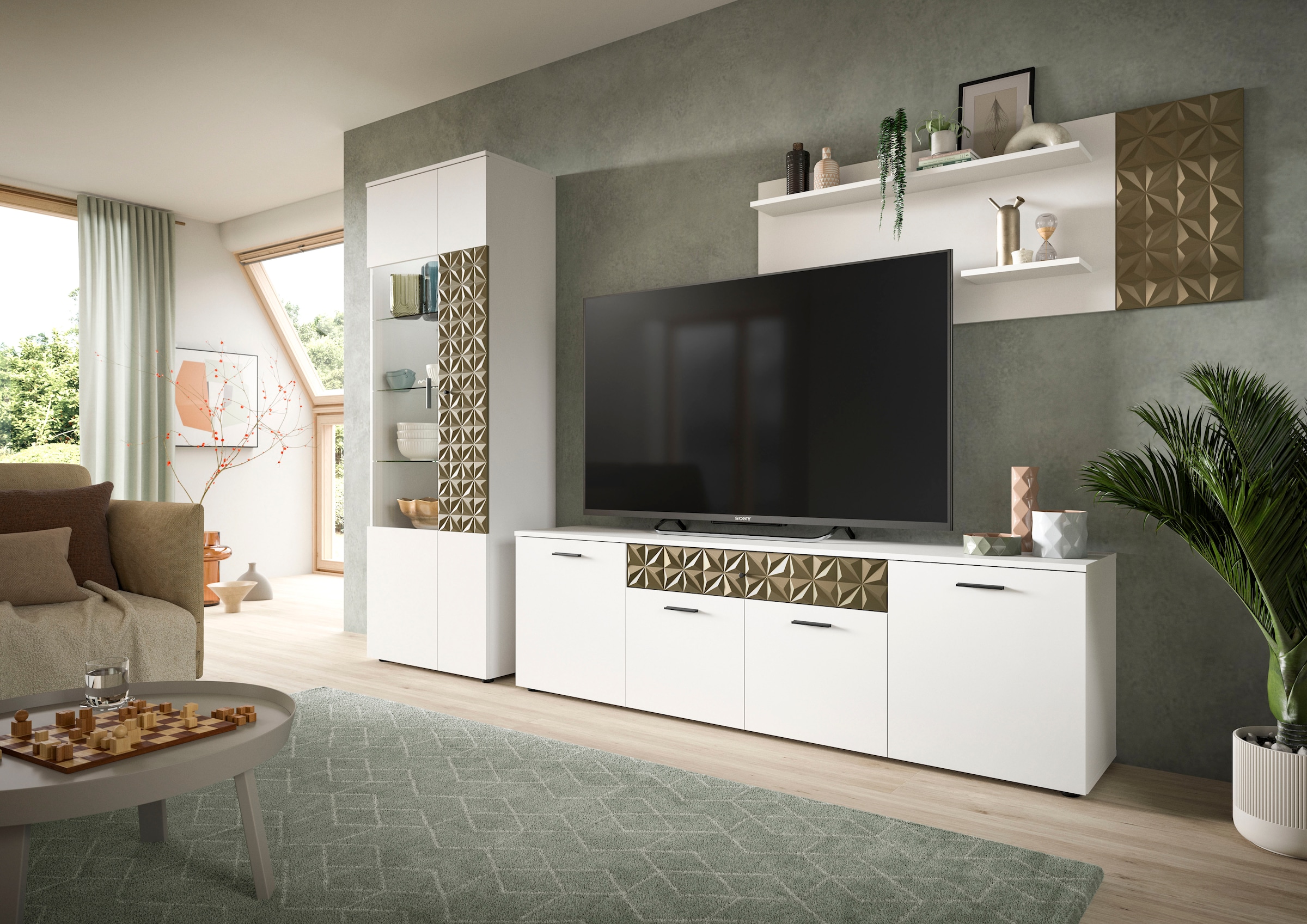 INOSIGN Lowboard »Vicenza, Breite 190cm, Ornamentabsetzung, 4 Türen, 1 Schubkasten«, 8 Fächer, Metallgriffe, TV-Schrank, Fernsehschrank, Mediaboard