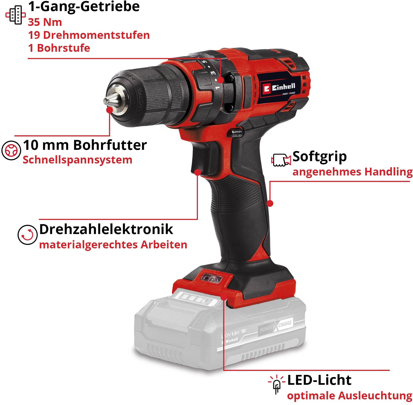 Einhell Akku-Bohrschrauber »TC-CD 18/35 Li«, (Set), mit Akku und Zubehör