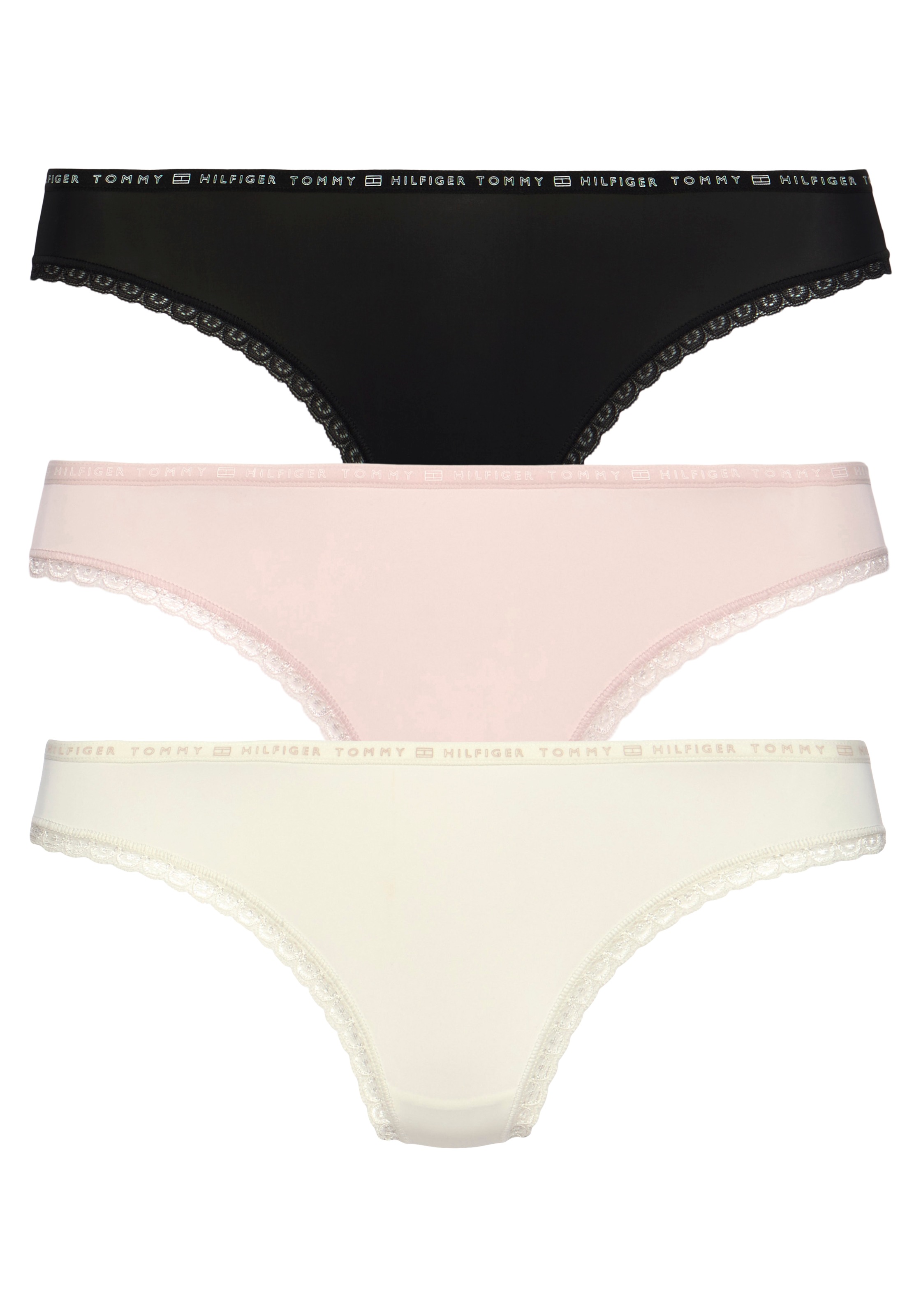 Tommy Hilfiger Underwear Slip »3P THONG«, (Packung, 3 St., 3er-Pack), mit zarter Spitzenkante am Beinabschluss & Tommy Hilfiger Elastikbund