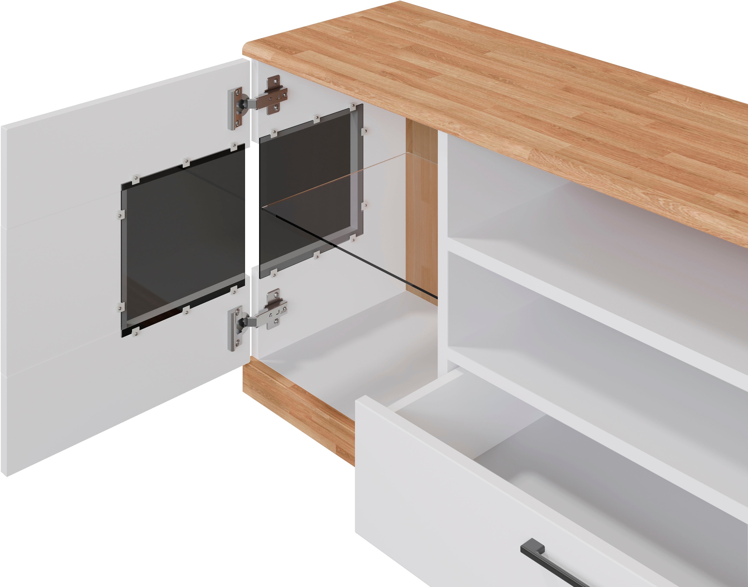 Home affaire Lowboard »Ribe,160cm breit,55cm hoch,Oberplatte massiv«, Oberplatte Massivholz,schwarze Metall Griffe,2 Türen mit Glaseinsatz