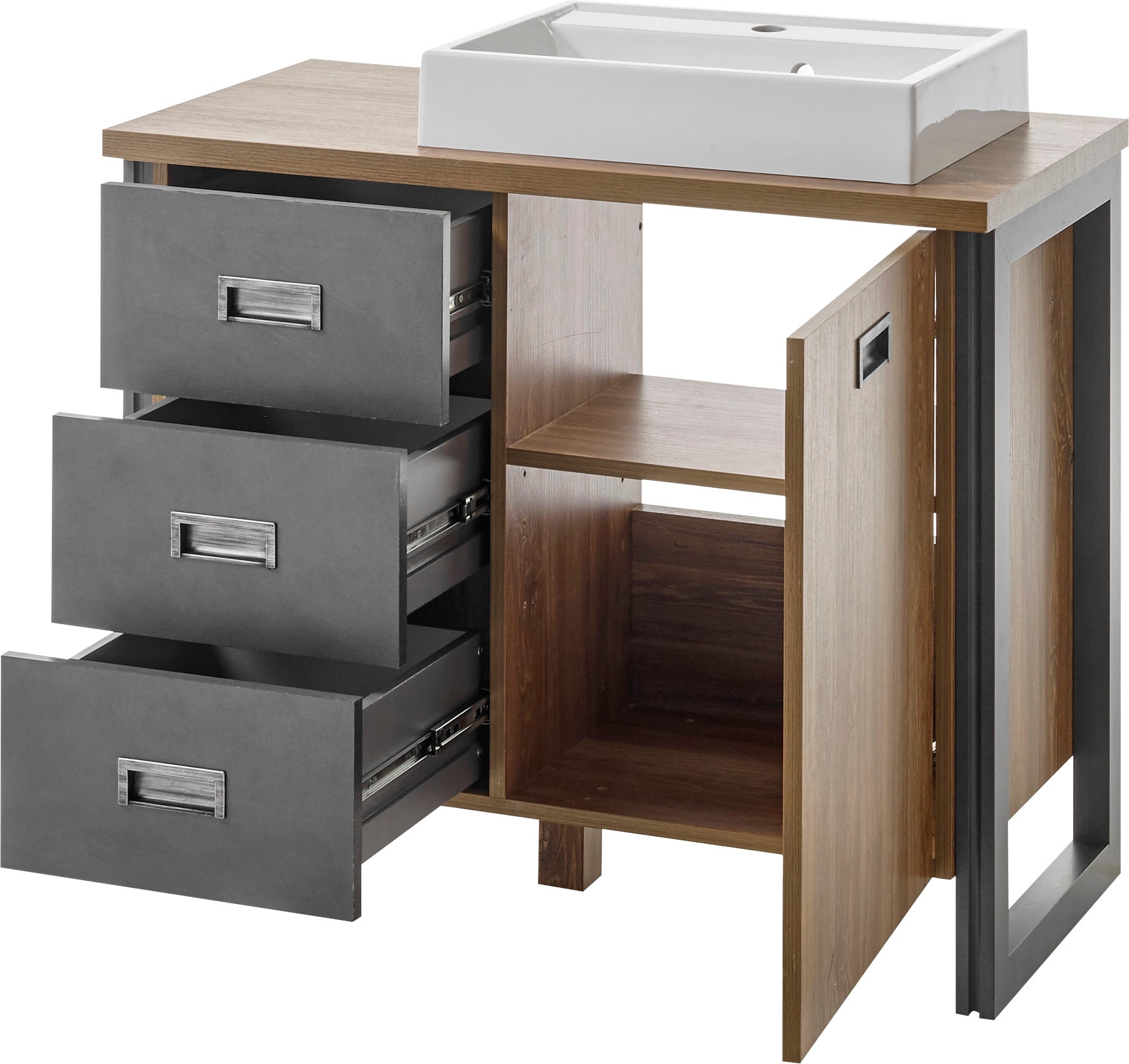 Home affaire Waschtisch »Detroit, Unterschrank mit Apothekergriff, Badschrank, Industrialdesign«, Eiche Dekor, mit Stauraum, inkl. Mineralguss-Waschbecken, Breite 91 cm
