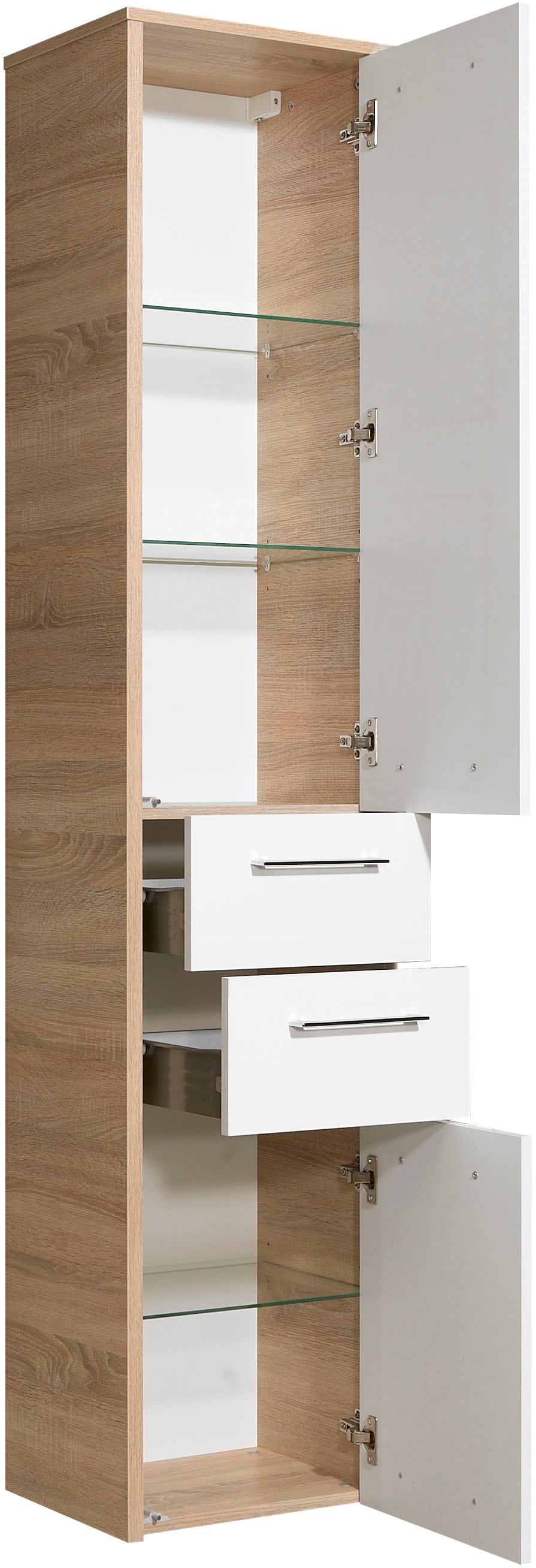 Saphir Hochschrank »Quickset 382 Badschrank 40 cm breit, 2 Türen, 2 Schubladen«, Badezimmer-Hochschrank, Weiß Hochglanz, Griffe in Chrom glänzend