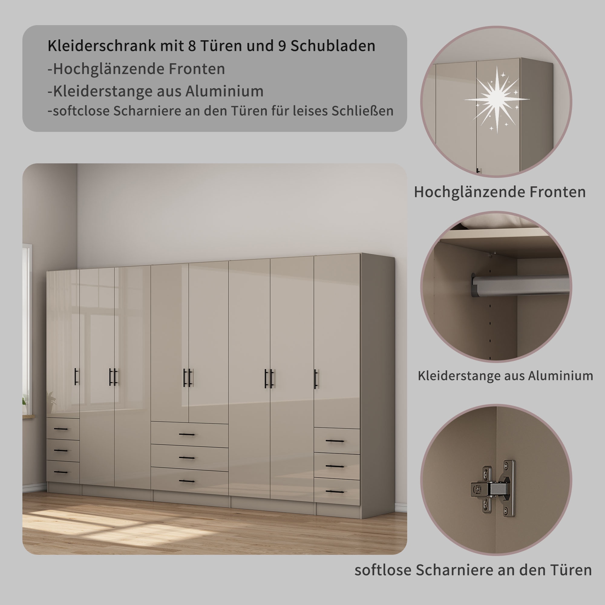 OTTO home Kleiderschrank »Trento Schlafzimmerschrank Garderobe hochglanz« Schrank mit 8 Türen und 9 Schubladen, hochglänzende Fronten