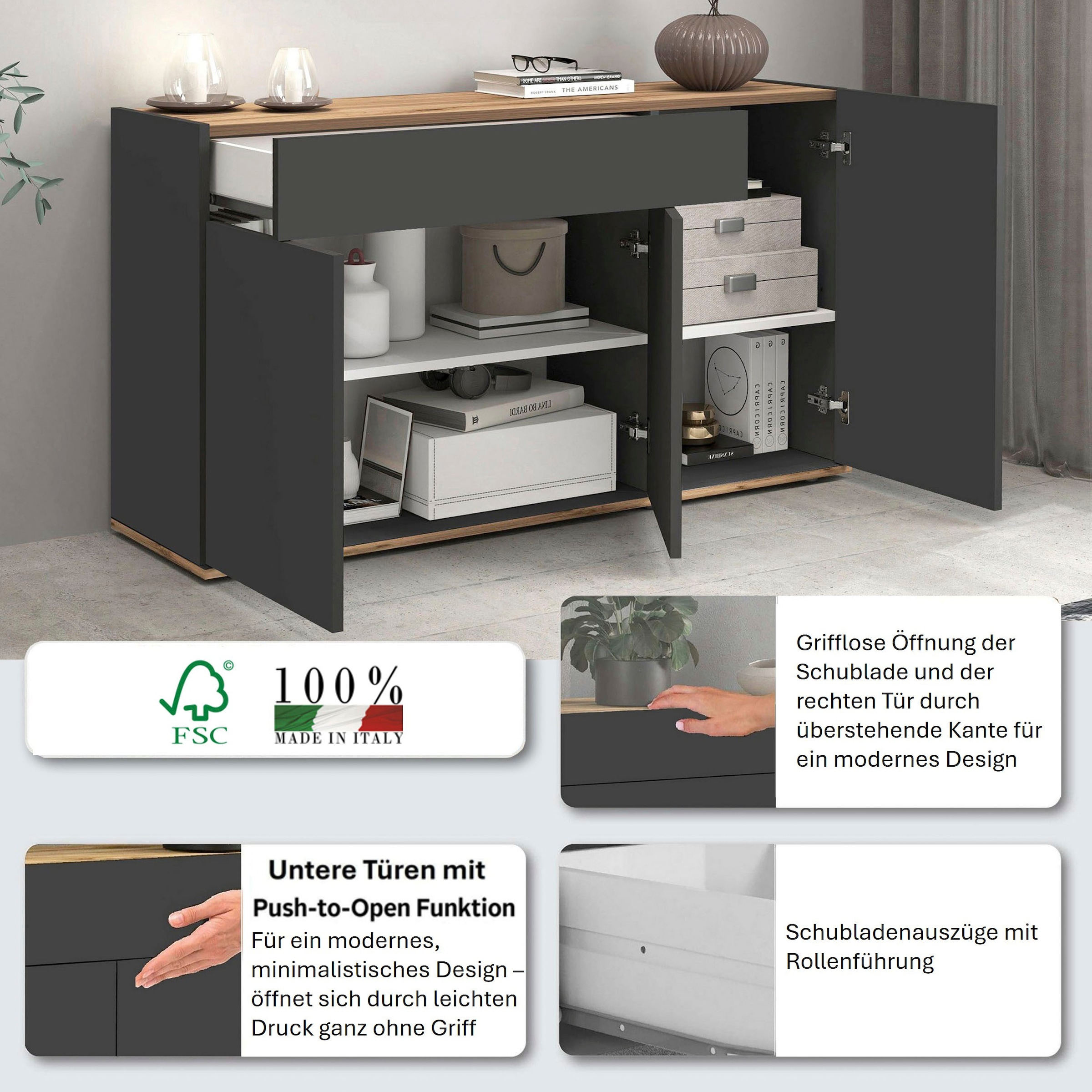 OTTO home »Garda, Kommode, Schrank, 3 Türen, 1 Schublade, Made in Italy« 3 Türen, 1 Schublade, grifflos Breite 120,1 cm, anthrazit/eiche matt