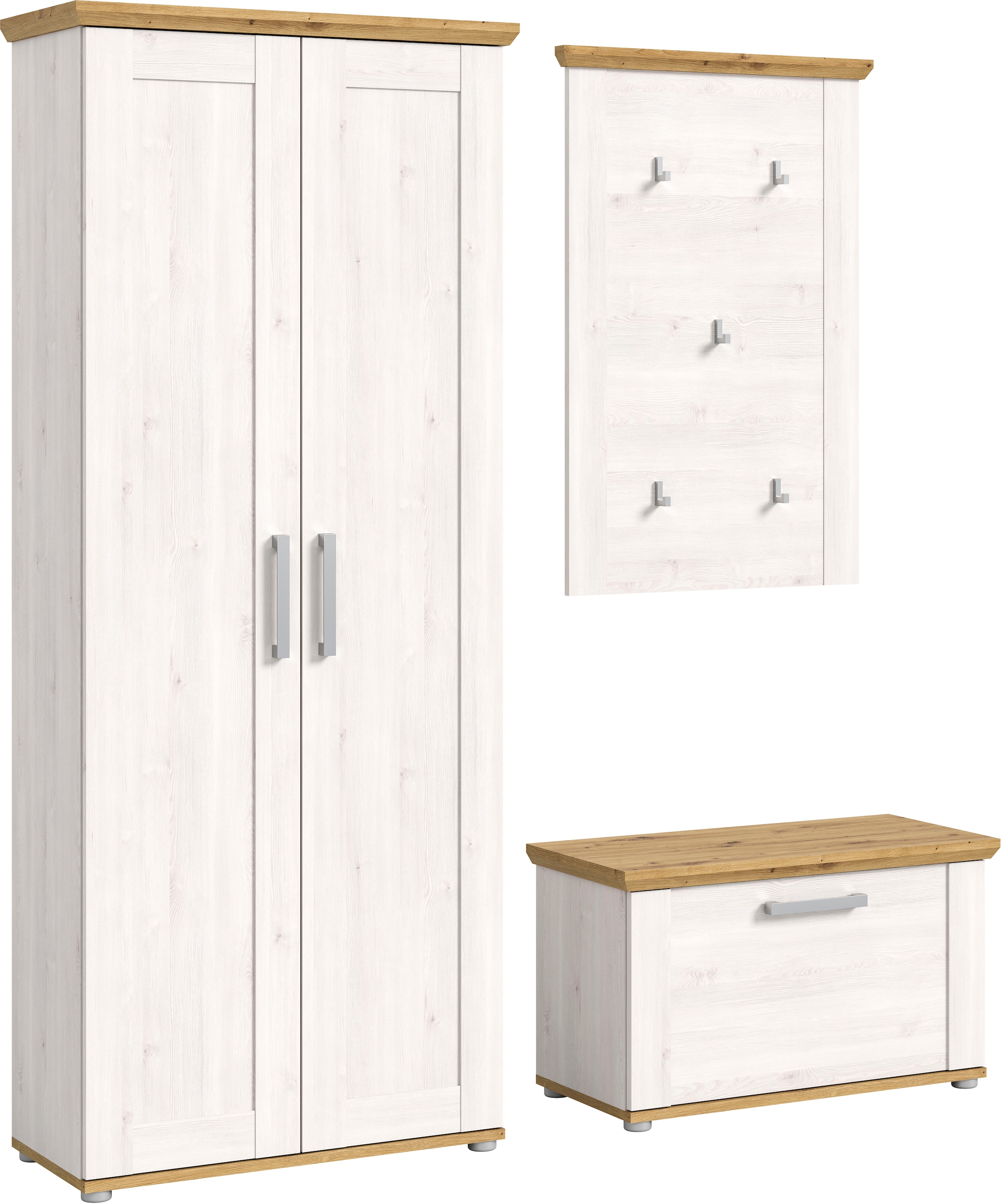 Home affaire Garderoben-Set »Cosenza, Breite ca. 175 cm, 2-farbig, 3-teilig, bestehend aus:«, (3 St.), Garderobenschrank, Sitzbank, Garderobenpaneel, in Landhausoptik
