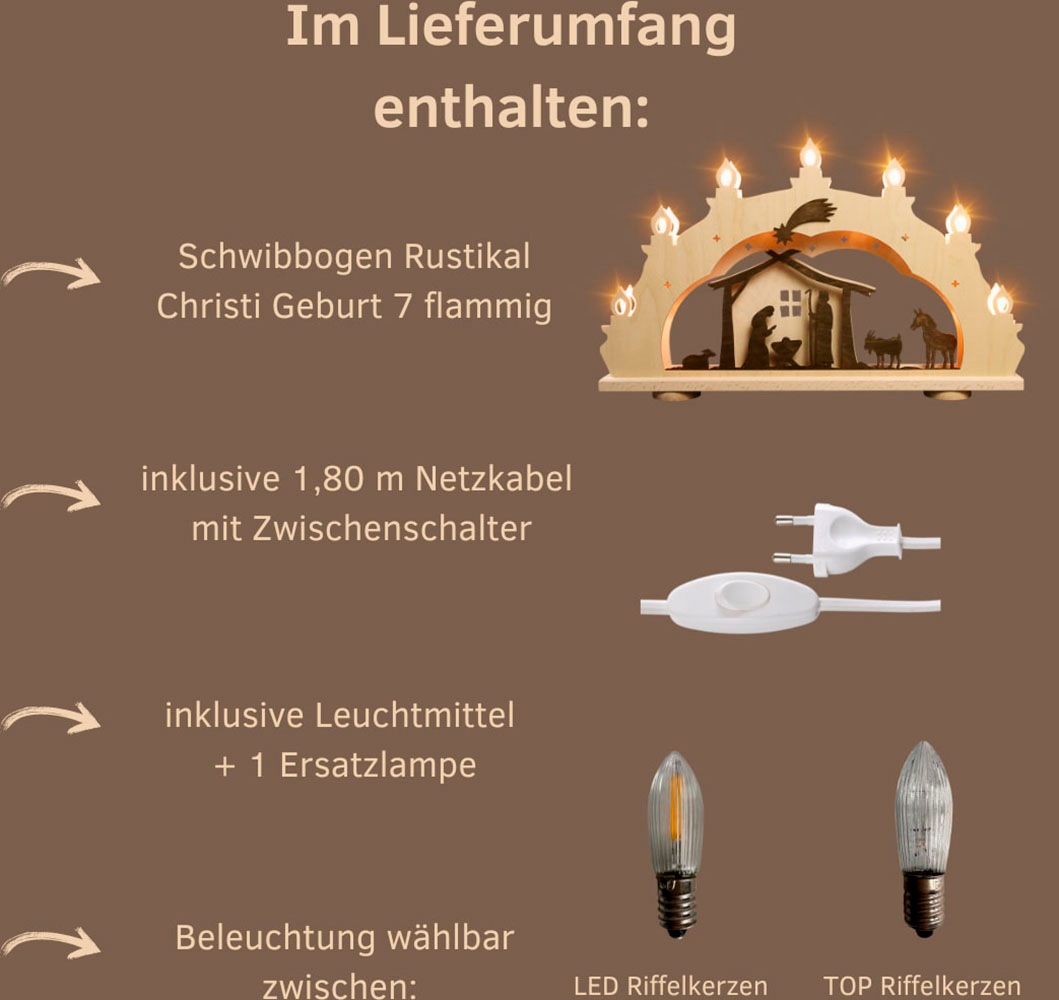 Weigla LED Schwibbogen »Christi Geburt, Lichterbogen Rustikal Lanhausstil, Holz,NATUR-BRAUN«, Erzgebirge garantiert, Weihnachtsdeko Innen, Weihnachtsbeleuchtung