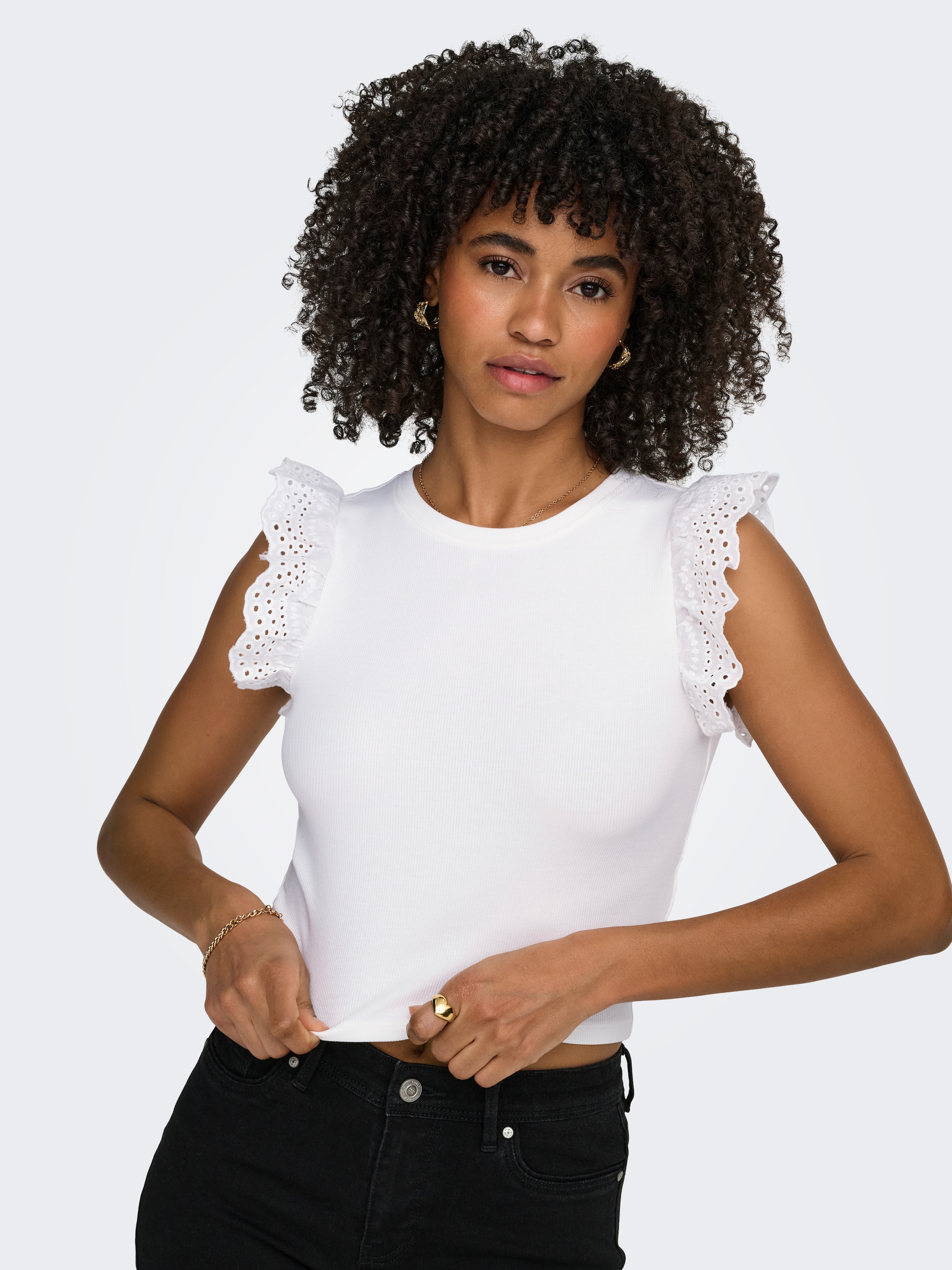ONLY Rüschentop »ONLMATHILDA S/L LACE DETAIL TOP JRS NOOS« Baumwollmischung, regular fit, Rundhals