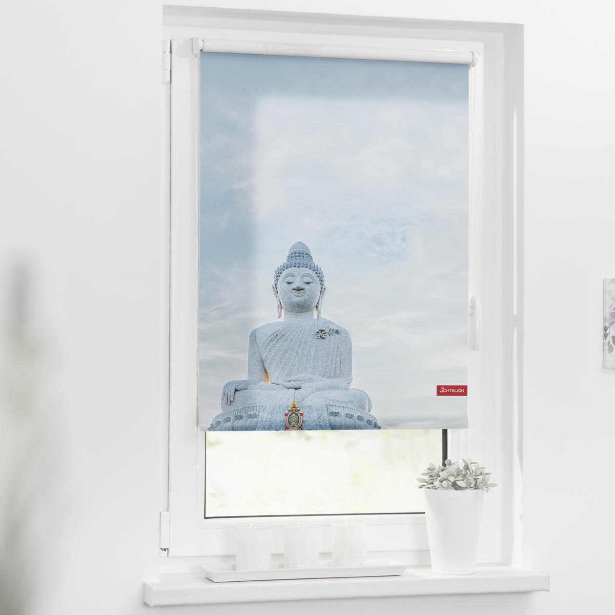 LICHTBLICK ORIGINAL Seitenzugrollo »Rollo Klemmfix, ohne Bohren, Verdunkelung, Buddah - Hellblau«, verdunkelnd, Verdunkelung, freihängend