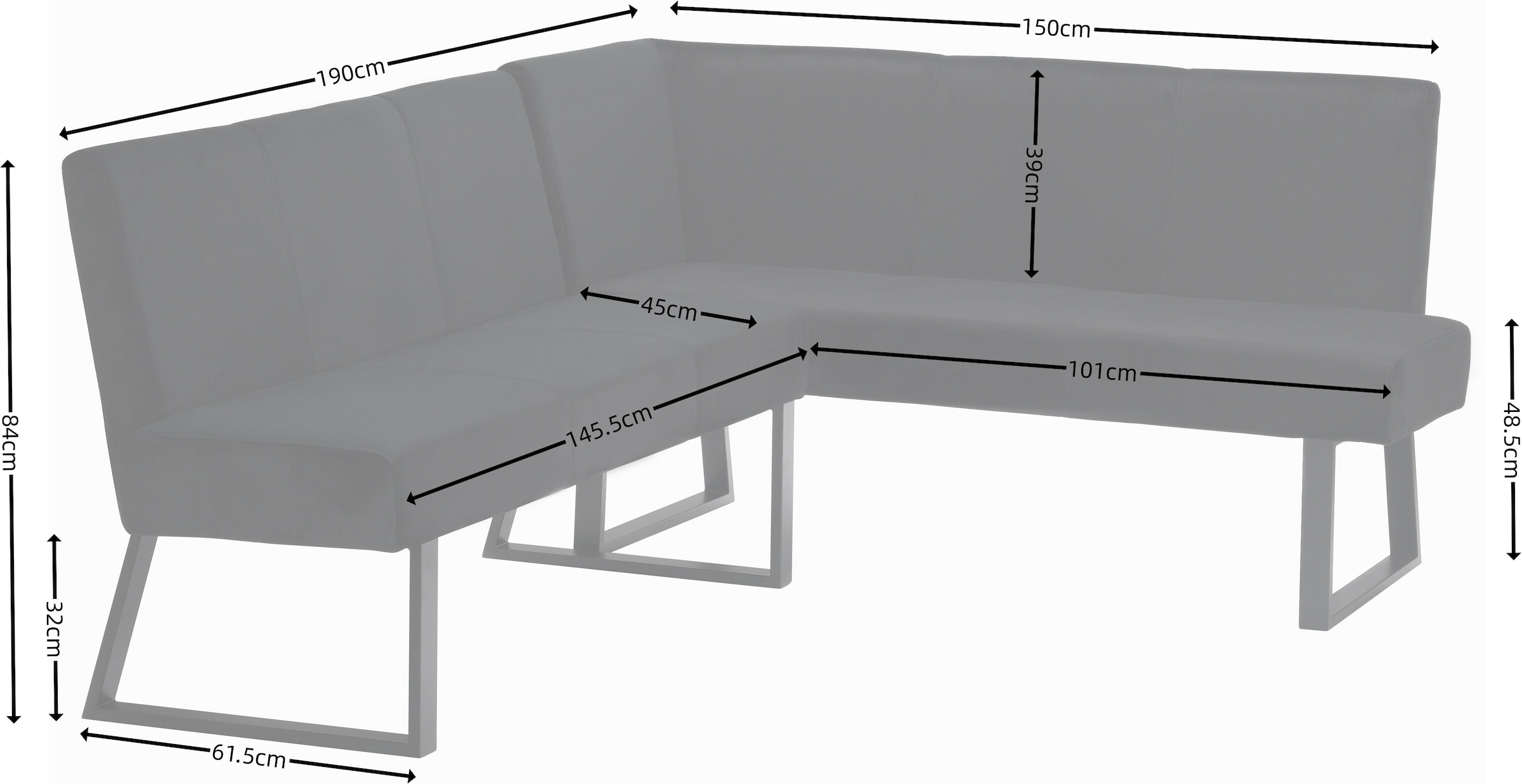 Home affaire Eckbank »Gladiole, TOPSELLER!, OTTOs Choice«, (Sitzbank, Esszimmerbank, Bank), mit Taschenfederkern, schwarzes Metallgestell, Breite 190 cm