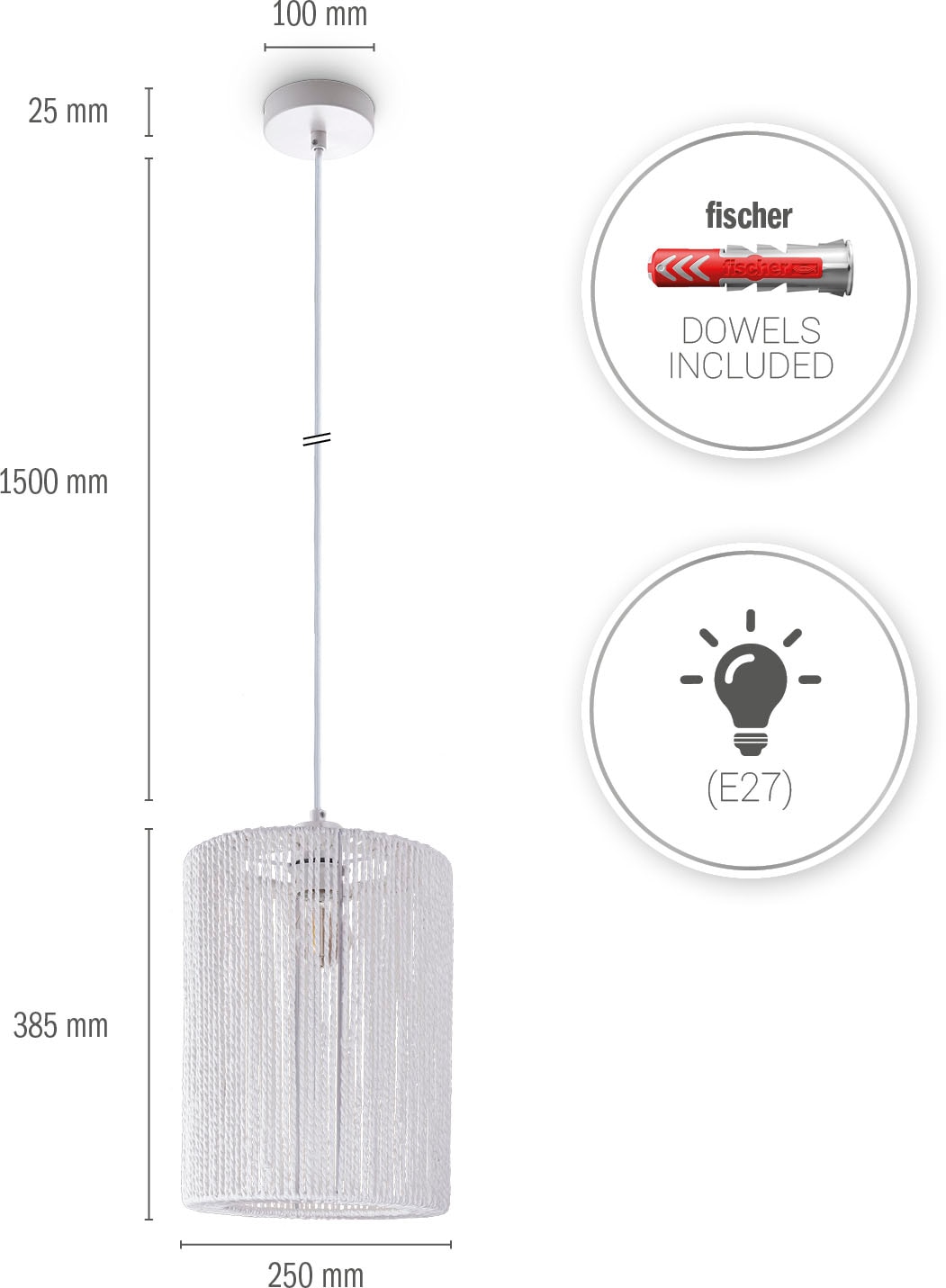 Paco Home Pendelleuchte »Hugo Ricarda«, Leuchtmittel E27 | ohne Leuchtmittel, Wohnzimmer Esszimmer Rattan Optik Boho Lampenschirm Papier Rund