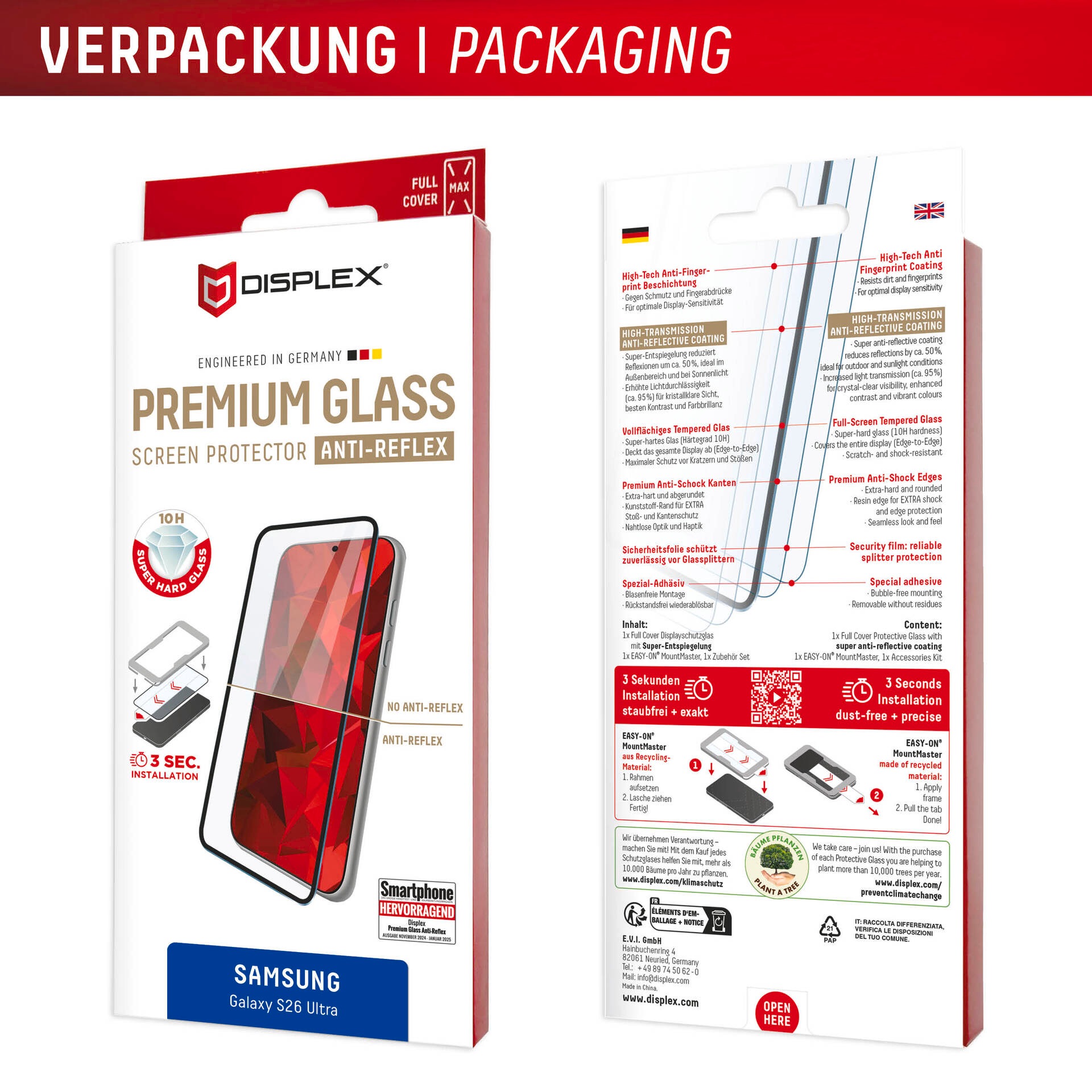 Displex Displayschutzglas »Premium Glass Screen Protector Anti-Reflex mit MountMaster« für Samsung Galaxy S26 Ultra Displayschutzfolie, Schutzfolie, Bildschirmschutz, kratz- & stoßfest