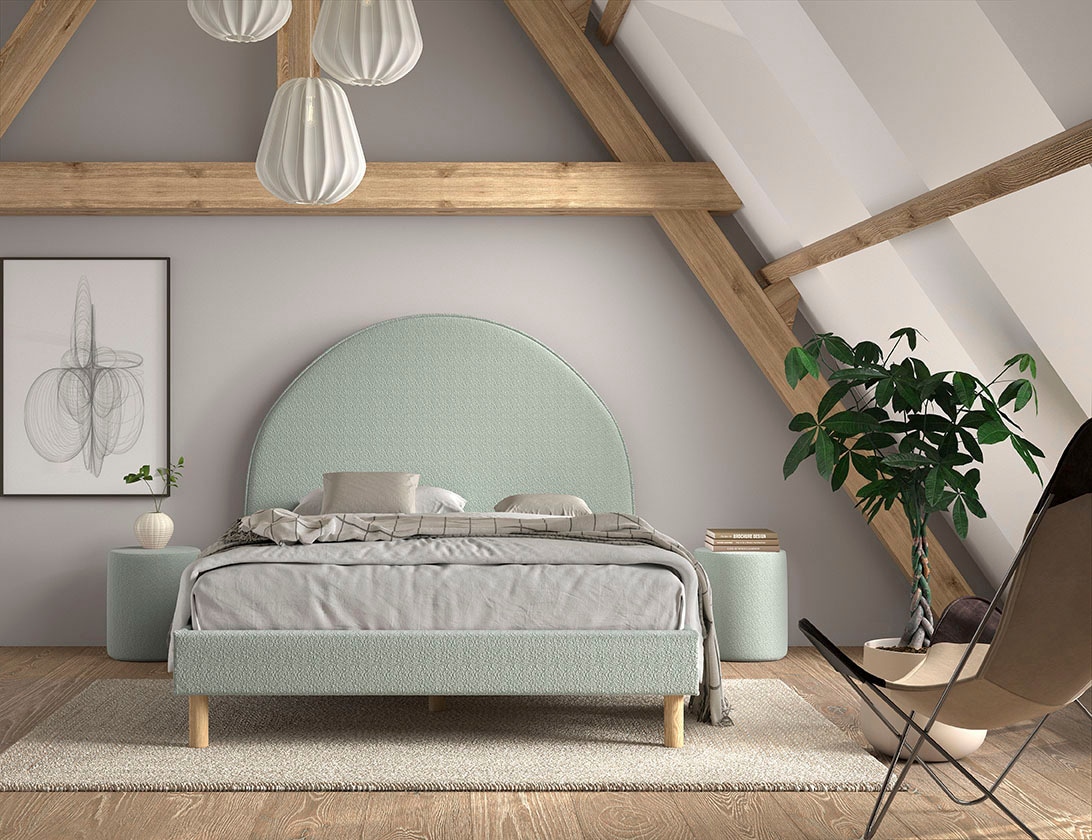 Vipack Schlafzimmer-Set »Moon, best. aus Polsterbett 140/200 und 2 Hocker/Nachttische«, (B/H/T ca. 147x132x212cm, bogenförmiges Kopfteil, Füße Massivholz), inkl. Lattenrost, Bezug flauschiger Bouclé Stoff, wahlweise 4 Farben