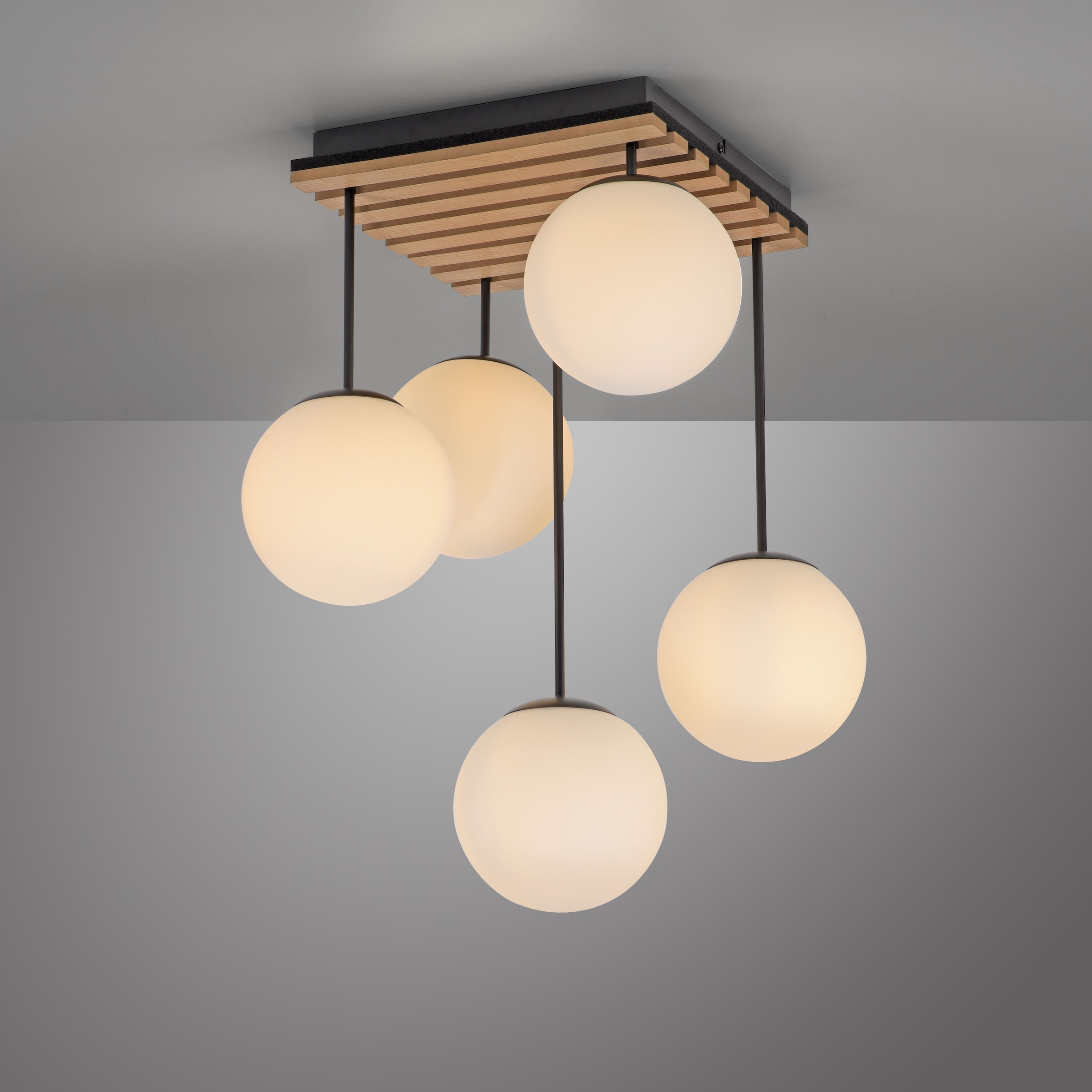 my home Deckenleuchte »Erinette Akustikpaneele mit Glaskugeln«, 5 flammig, Leuchtmittel E14 | ohne Leuchtmittel-Leuchtmittel wechselbar, Holz, Akustik, Paneele, Glas, Deckenlampe E14