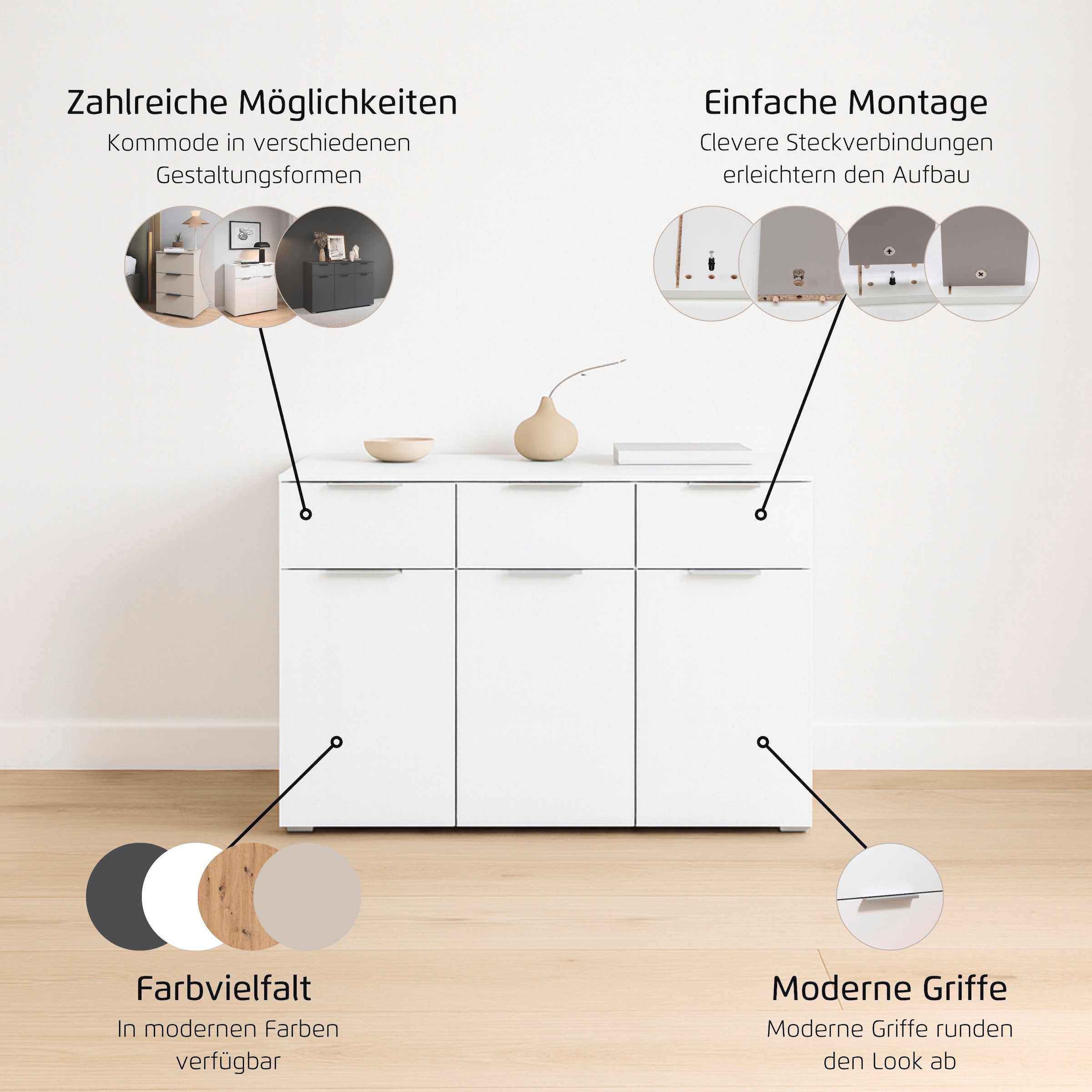 OTTO home Kombikommode »Kommode Sideboard Schubladenkommode Schlafzimmerkommode CORTONA« Breite 120 cm inkl. SOFT-CLOSE-FUNKTION, mit moderner Dekor-Front,  mit 3 Schubladen und 3 verstellbaren Einlegeboden MADE IN GERMANY