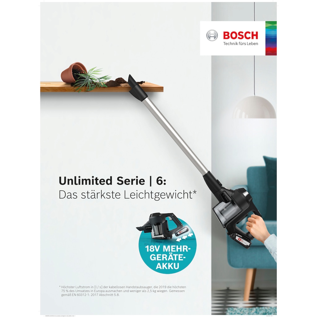 BOSCH Akku-Stielstaubsauger »Unlimited 6 BCS611AM, Hygiene-Filter, 10 Jahre Motorgarantie, leicht«, Akku wechselbar, alle Bodenarten, hohe Saugkraft, lange Laufzeit, weiß