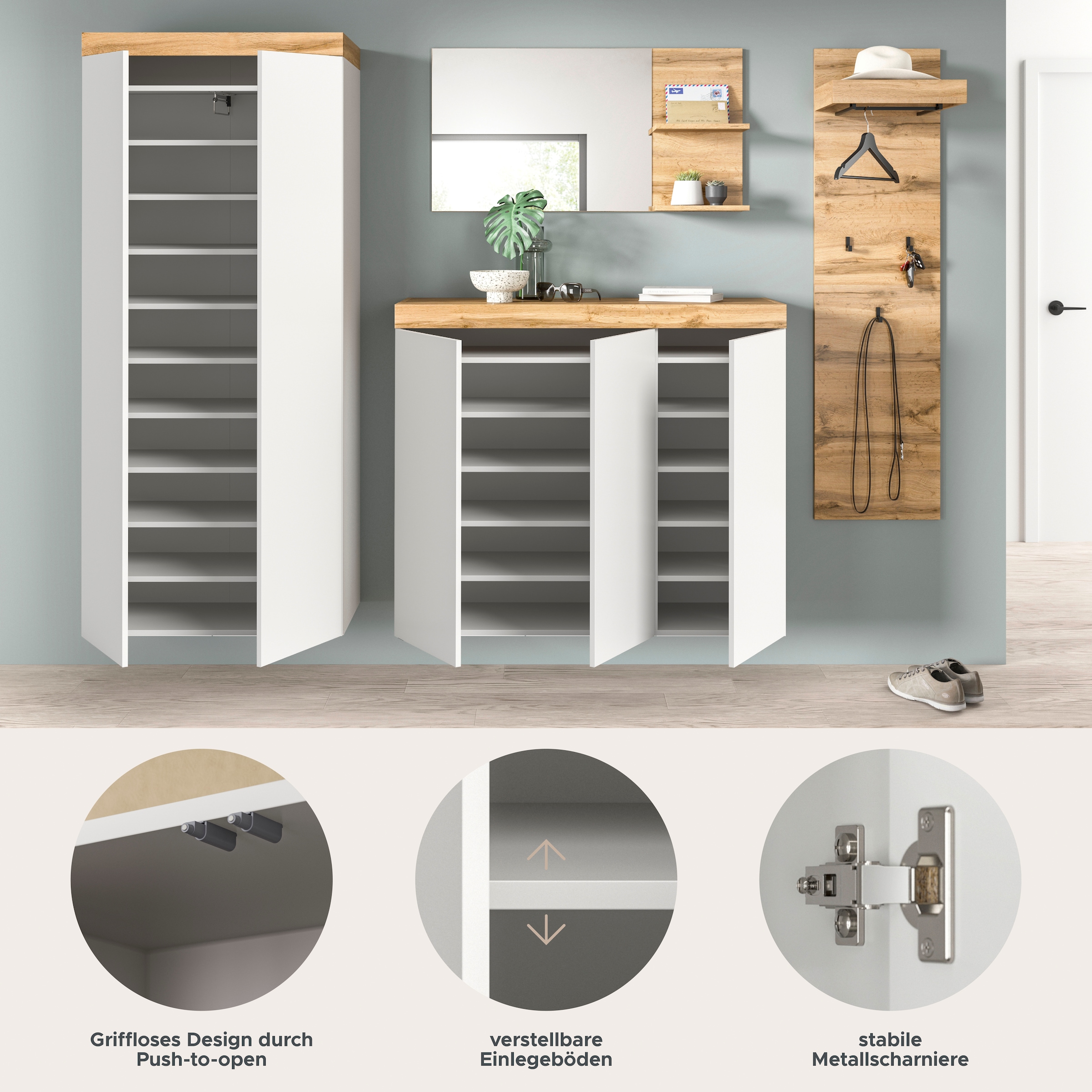 OTTO home Garderoben-Set »MAMBO, TOPSELLER!, 4-teilige Kombination, stehend & hängend montierbar« bestehend aus: Garderobenschrank, Kommode, Spiegel, Garderobenpaneel, 4 Stk. tlg.