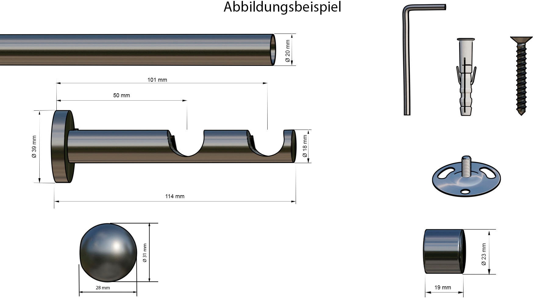 indeko Gardinenstange »Colombes« Ø 20 mm 2 läufig-läufig Wunschmaßlänge;Dübel;Endstücke;Gardinenstange;Montageanleitung;Schrauben;Träger;Verbindungsstücke Komplett-Set inkl.  Montagematerial