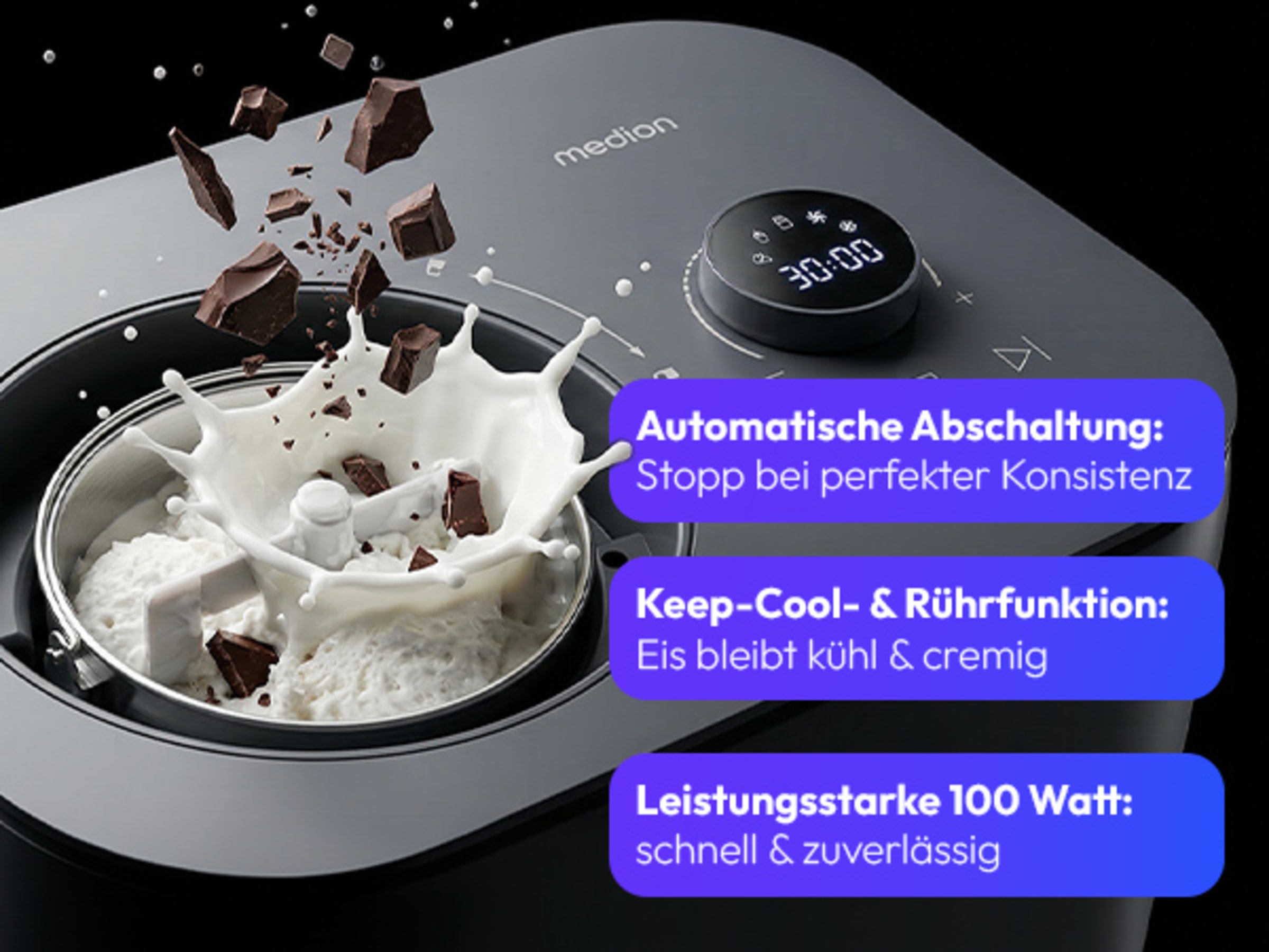 Medion® Eismaschine »MD 100116« 1 l 100 W Mixen, Eis, Joghurt oder Slush zubereiten, Eis nachkühlen