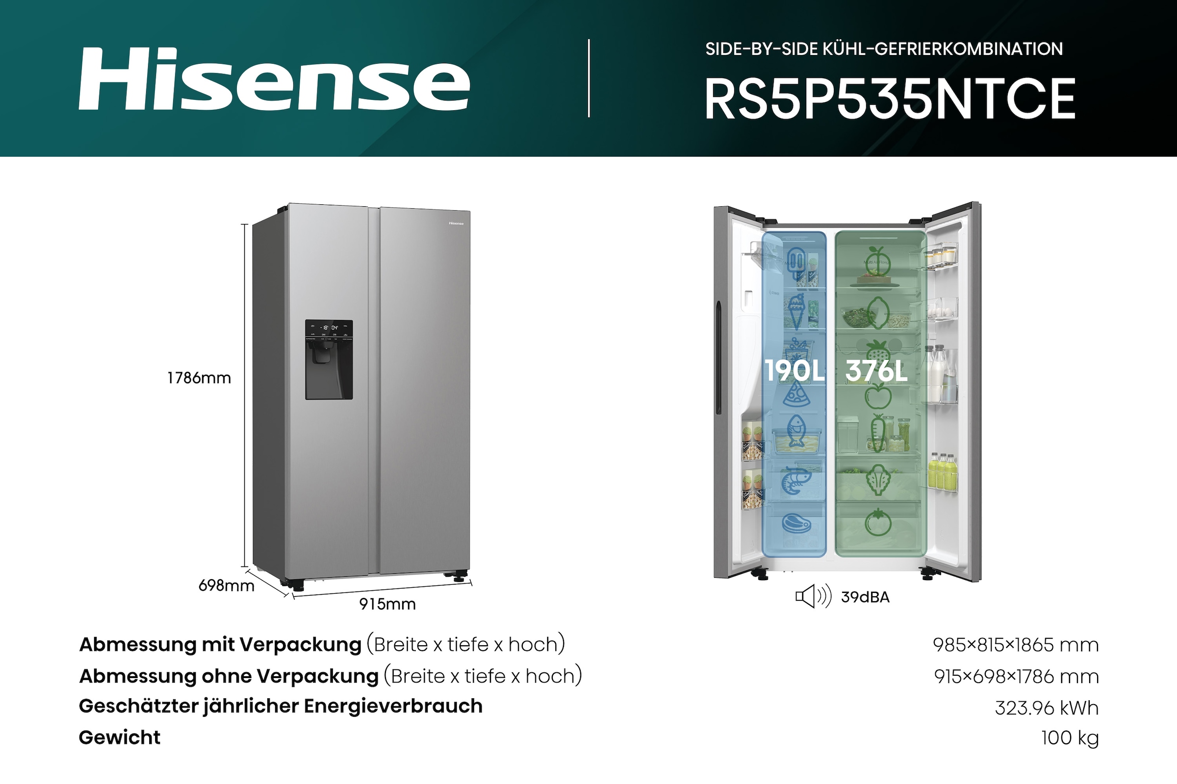 Hisense Side-by-Side »RS5P535NTCE«, Wasser-/Eisspender