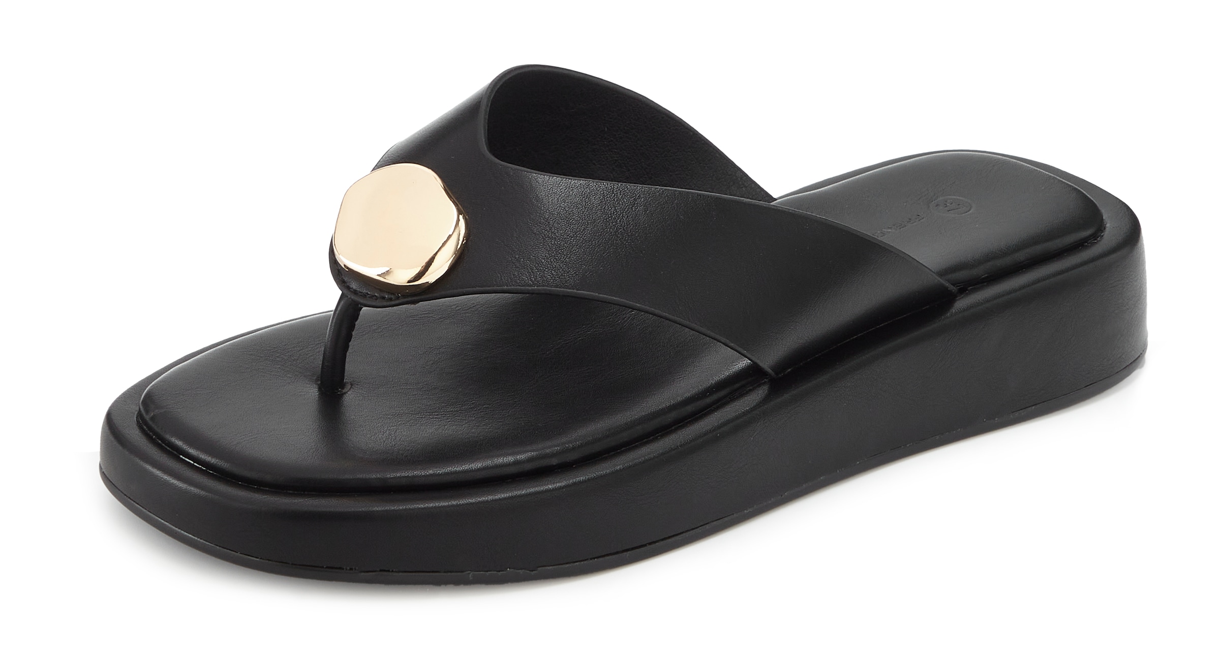 French Connection Zehentrenner »Sandale, Pantolette, offener Schuh, Sommerschuhe«  NEU mit goldfarbenem Schmuckelement und bequemer Sohle VEGAN