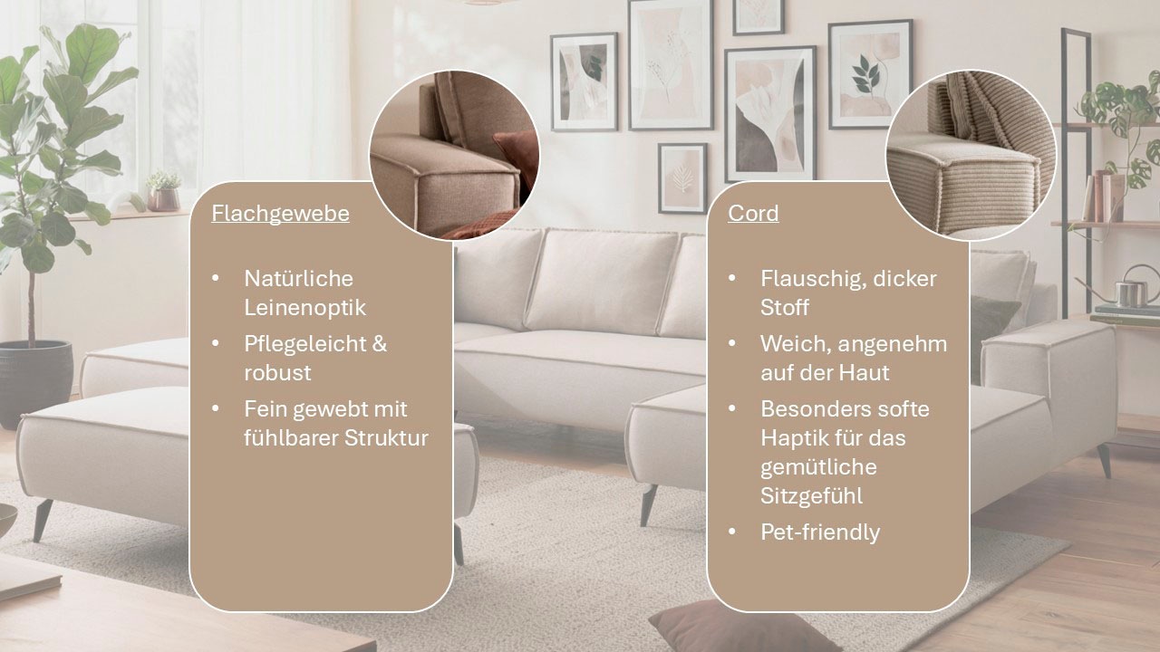 OTTO home Wohnlandschaft »TVINNU Leinenoptik, 354, mit Hocker« Recamiere rechts/links, stellbar zum Schlafsofa (Krokodilverbinder)