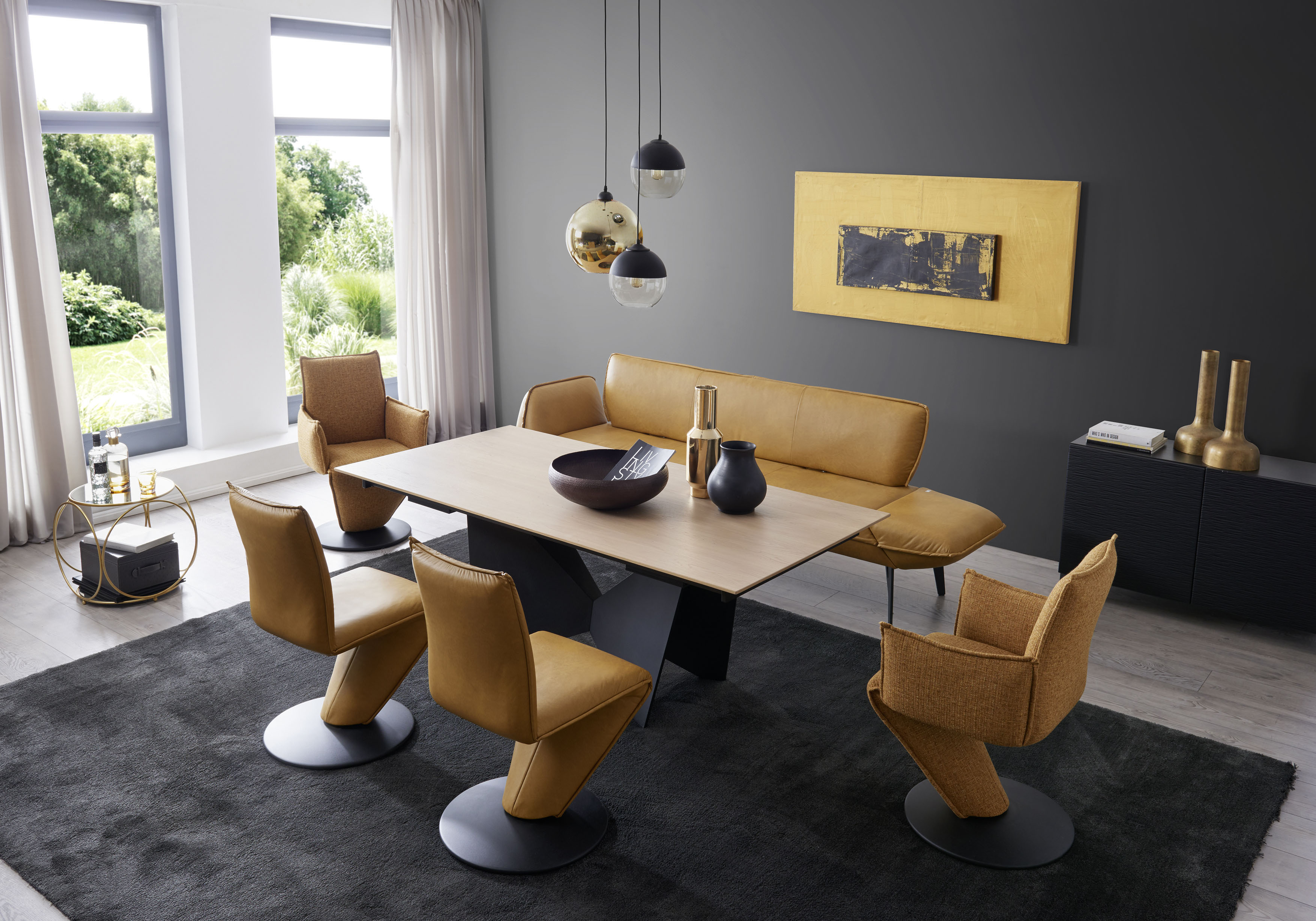 K+W Komfort & Wohnen Essgruppe »Drive«, (Set, 6 tlg.), Solobank mit Armteilverstellung, 2 Drehstühle, 2 Drehsessel und Tisch mit Auszugfunktion 200-300cm
