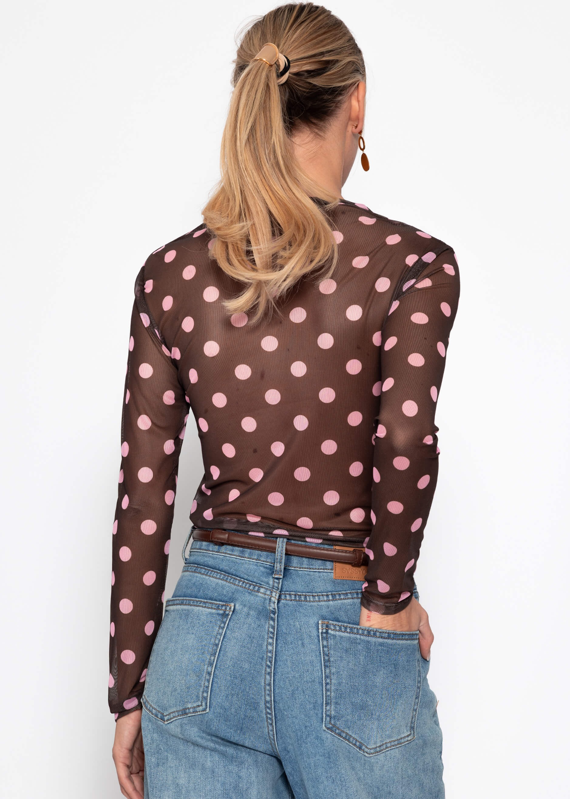 SASSYCLASSY Langarmshirt »Mesh Langarmshirt mit großen Punkten« Leichtes Shirt mit gefütterter Vorderseite und Rundhalsausschnitt