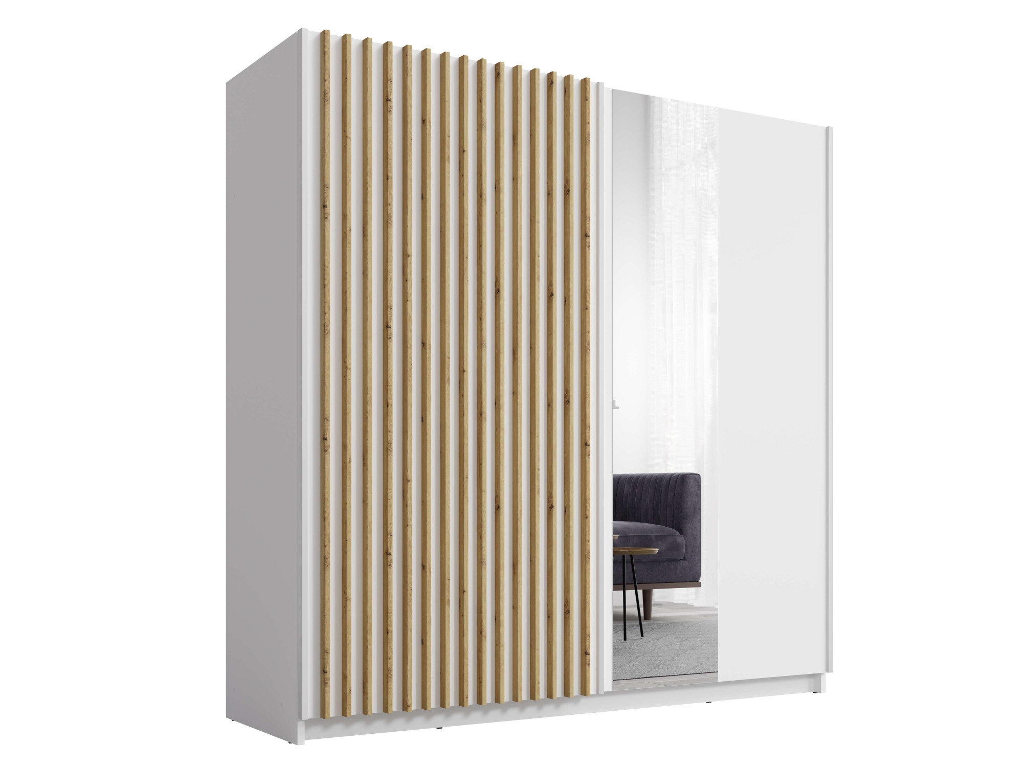 INOSIGN Kleiderschrank »Kleiderschrank Camden mit Spiegel, 4 Einlegeböden und Kleiderstange«, Garderobe mit 2 Schwebetüren und Lamellen, BxHxT 200,2x198,5x61,6 cm