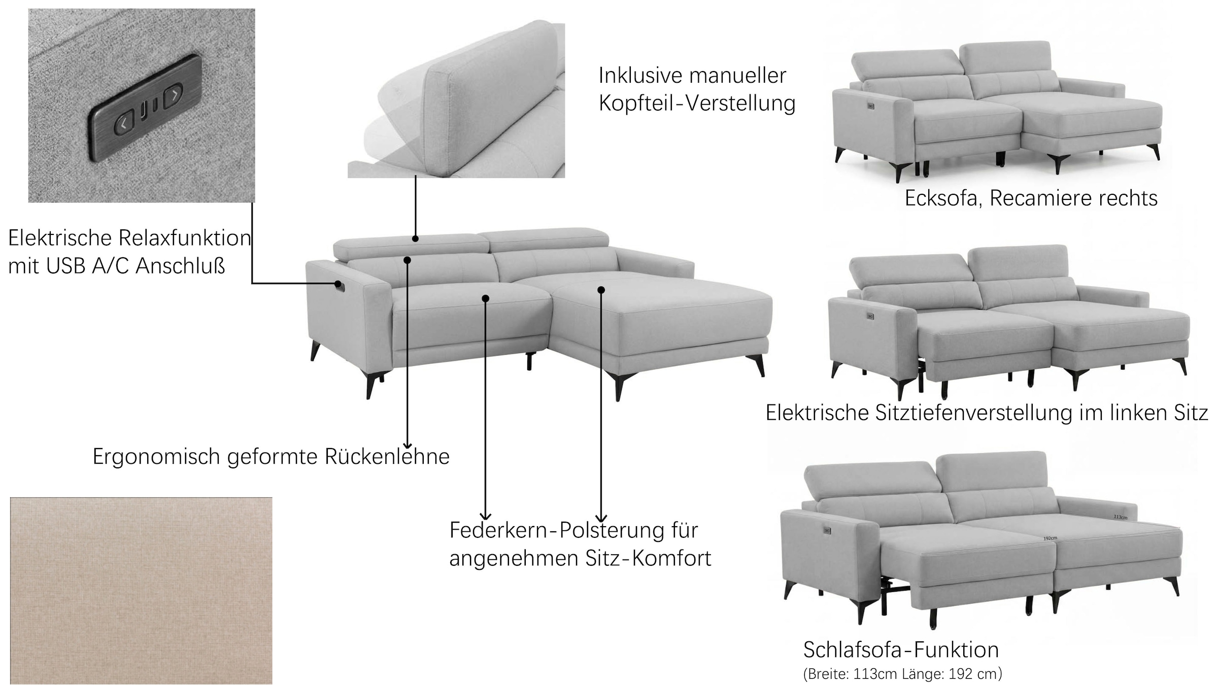 OTTO home Ecksofa »LEWII, L-Form, 225 cm - elektr. Schlafsofa und Sitztiefenverstellung« mit USB A/C-Anschluss. Federkern, verstellbaren Kopfstützen, Webstoff