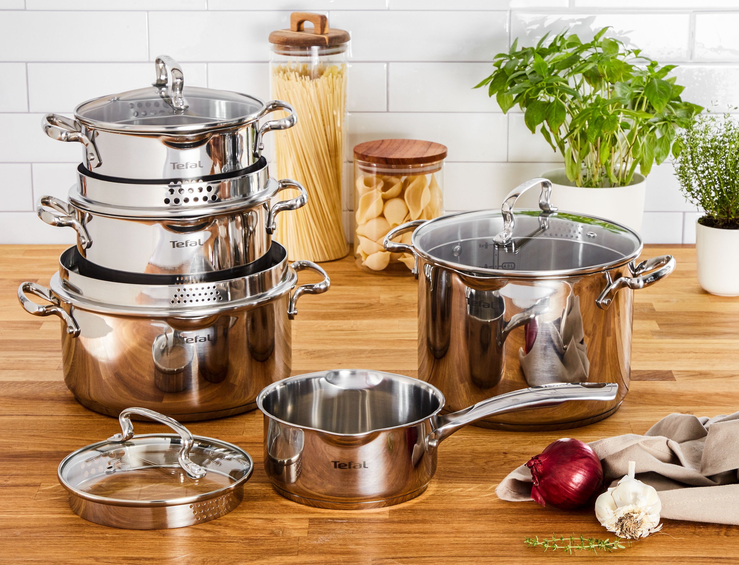 Tefal Topf-Set »Duetto+, Kochtopf Set mit Glasdeckel« Set, Stieltopf 16 cm, Schmortöpfe 18/20/24 cm, Suppentopf 22 cm, 10 tlg. Edelstahl
