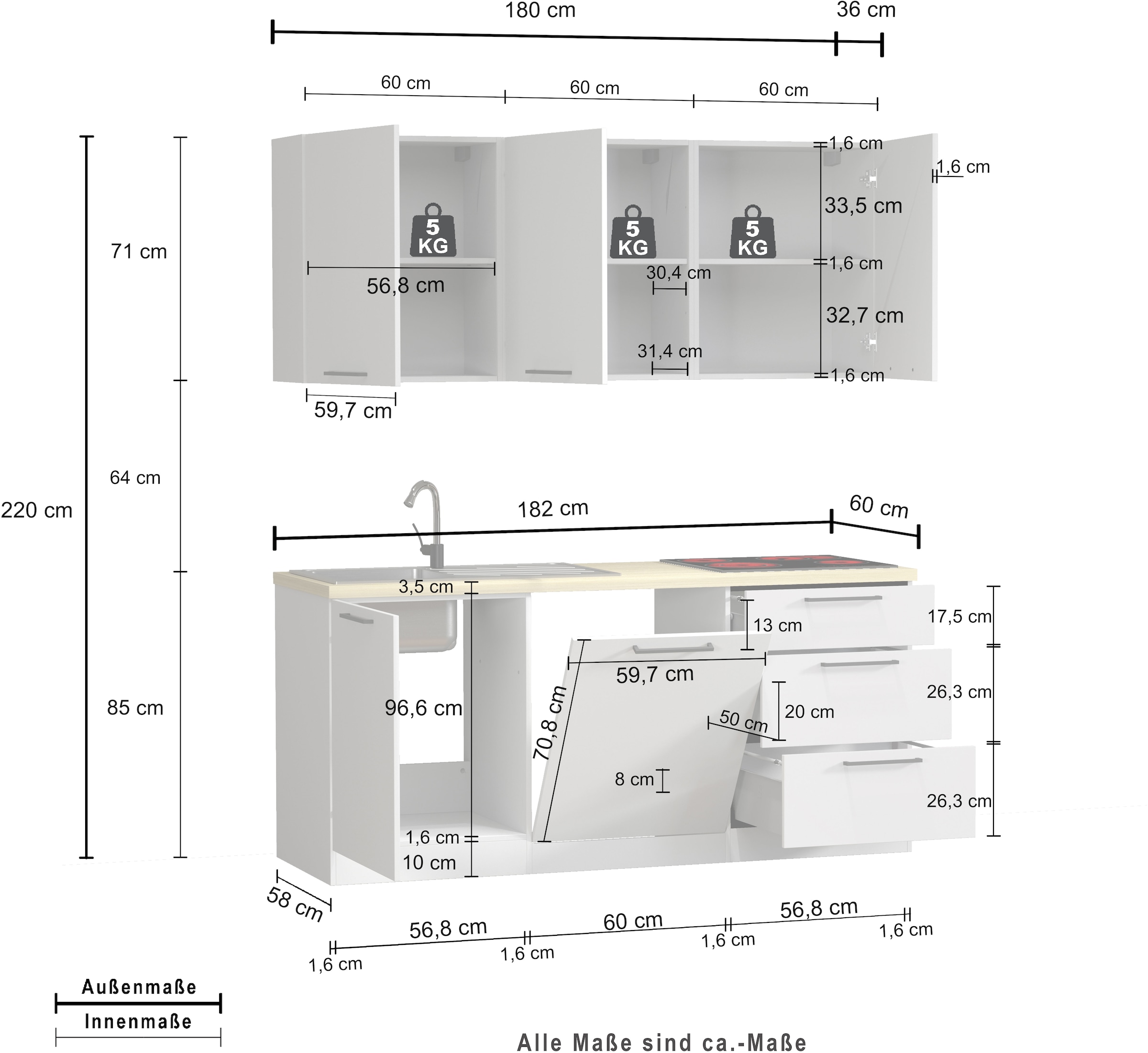 KOCHSTATION Küchenzeile »Luna, Küchenzeile mit Spüle + Siphon, ohne E-Geräte« Breite 182 cm,Türen mit Soft-Close Funktion, Metalgriffe,Made in Italy