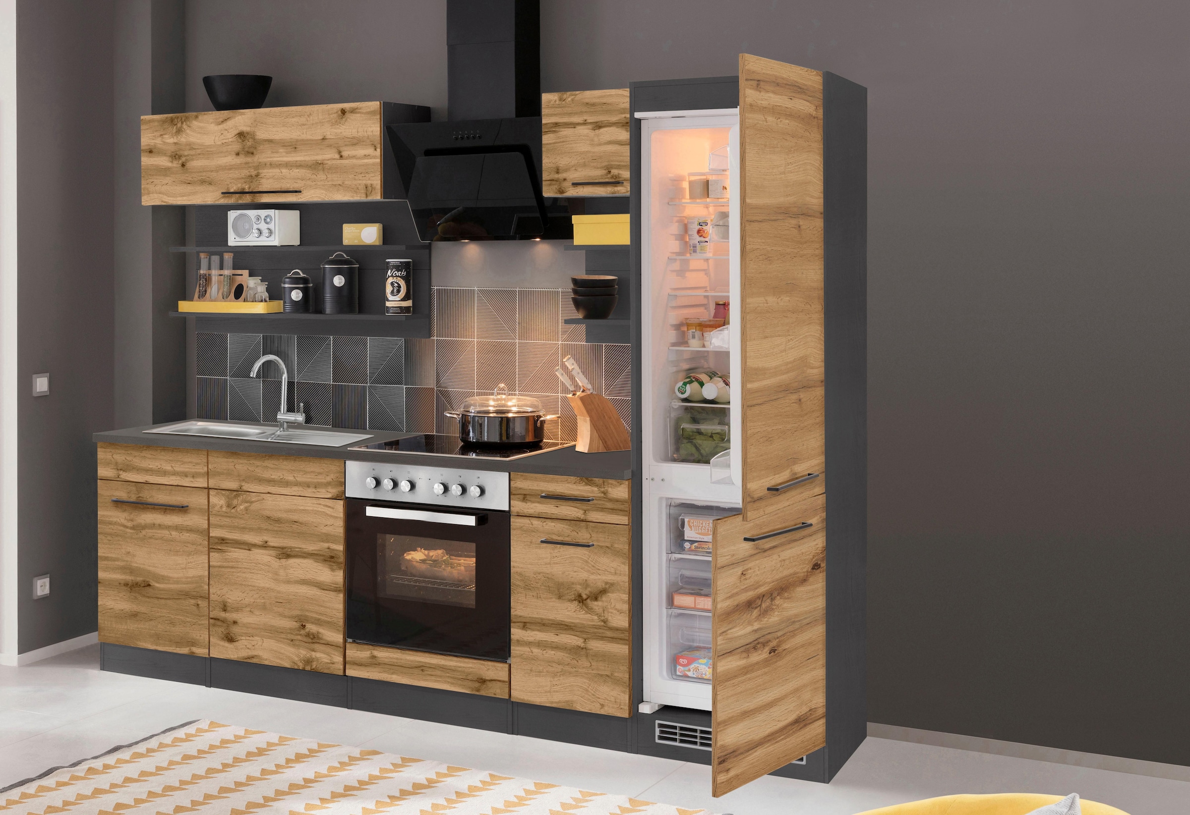 KOCHSTATION Küchenzeile »KS-Tulsa« ohne E-Geräte, Breite 270 cm, schwarze Metallgriffe, MDF Fronten