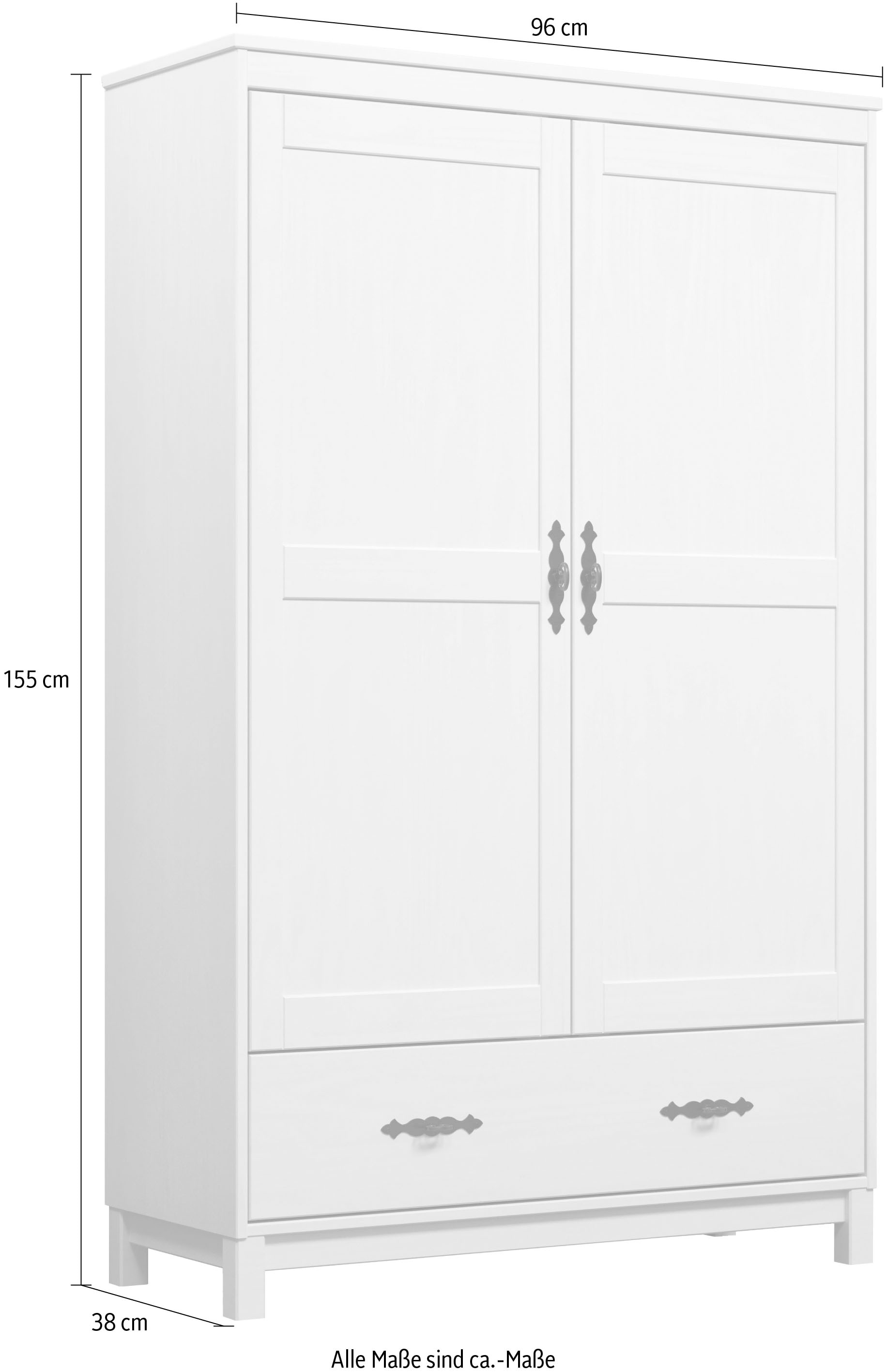 Home affaire Kleiderschrank »Sandnes Kieferschrank Schlafzimmer Schrank TOPSELLER weiß«, (1 St., natürlicher Landhaus-Look B/T/H: 96x38x155cm), Drehtürenschrank aus Massivholz mit Metallgriffen und Schublade