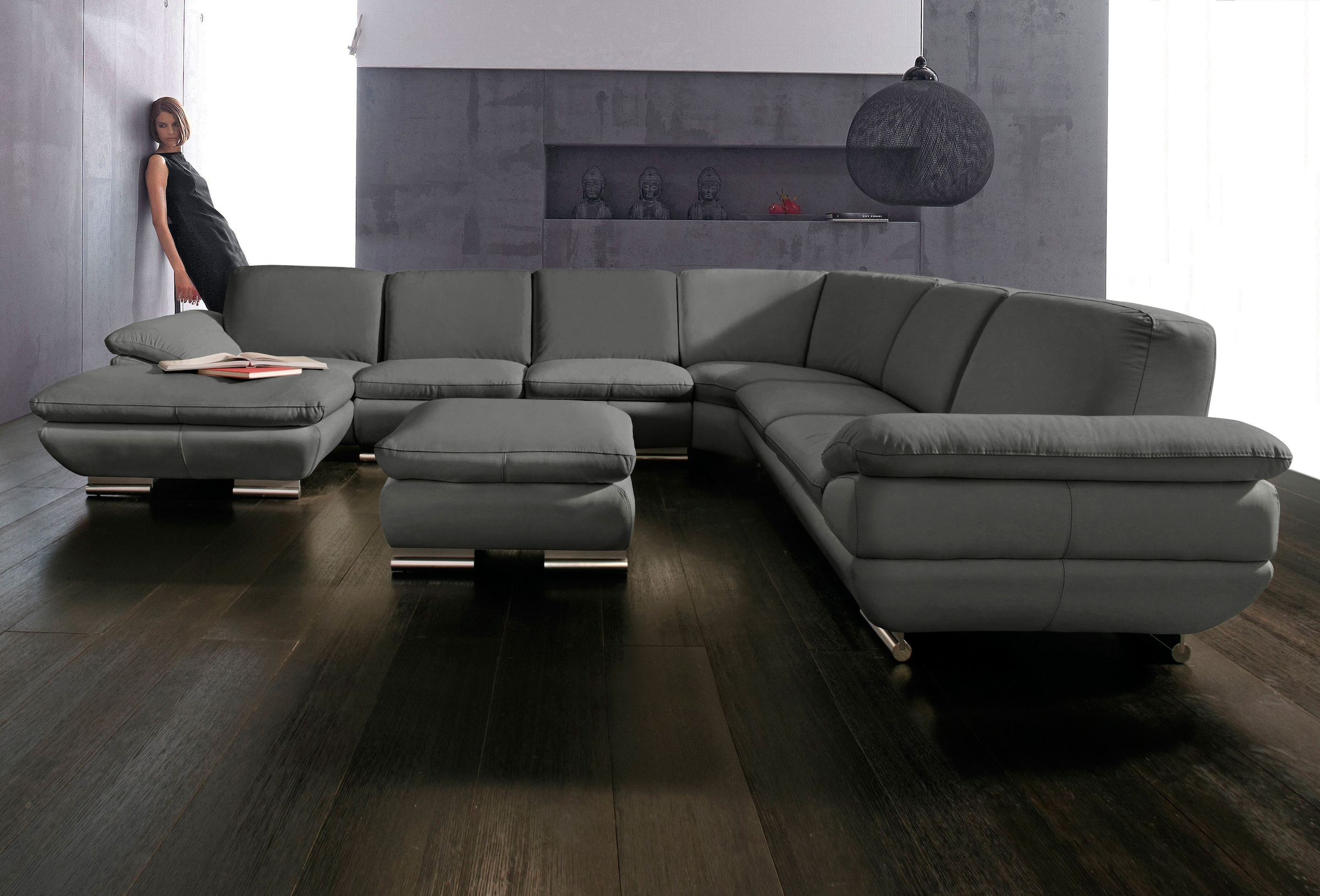 CALIA ITALIA Wohnlandschaft »Glamour, italienische Designwohnlandschaft, extrakomfortabel bequem«, für mehr Sitzkomfort, hochwertiger Lederbezug, U-Form, Designfuß