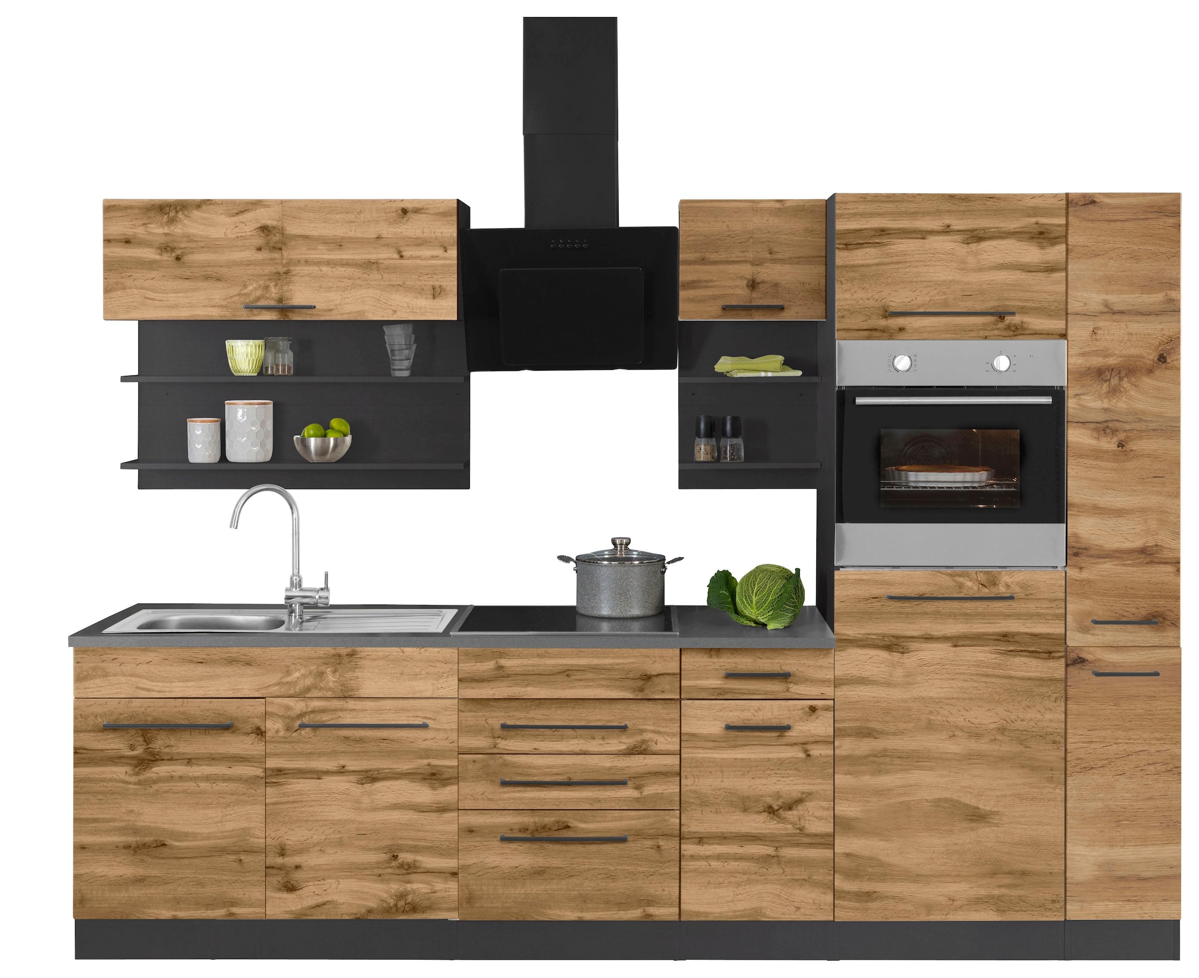 KOCHSTATION Küchenzeile »KS-Tulsa«, mit E-Geräten, Breite 300 cm, schwarze Metallgriffe, MDF Fronten