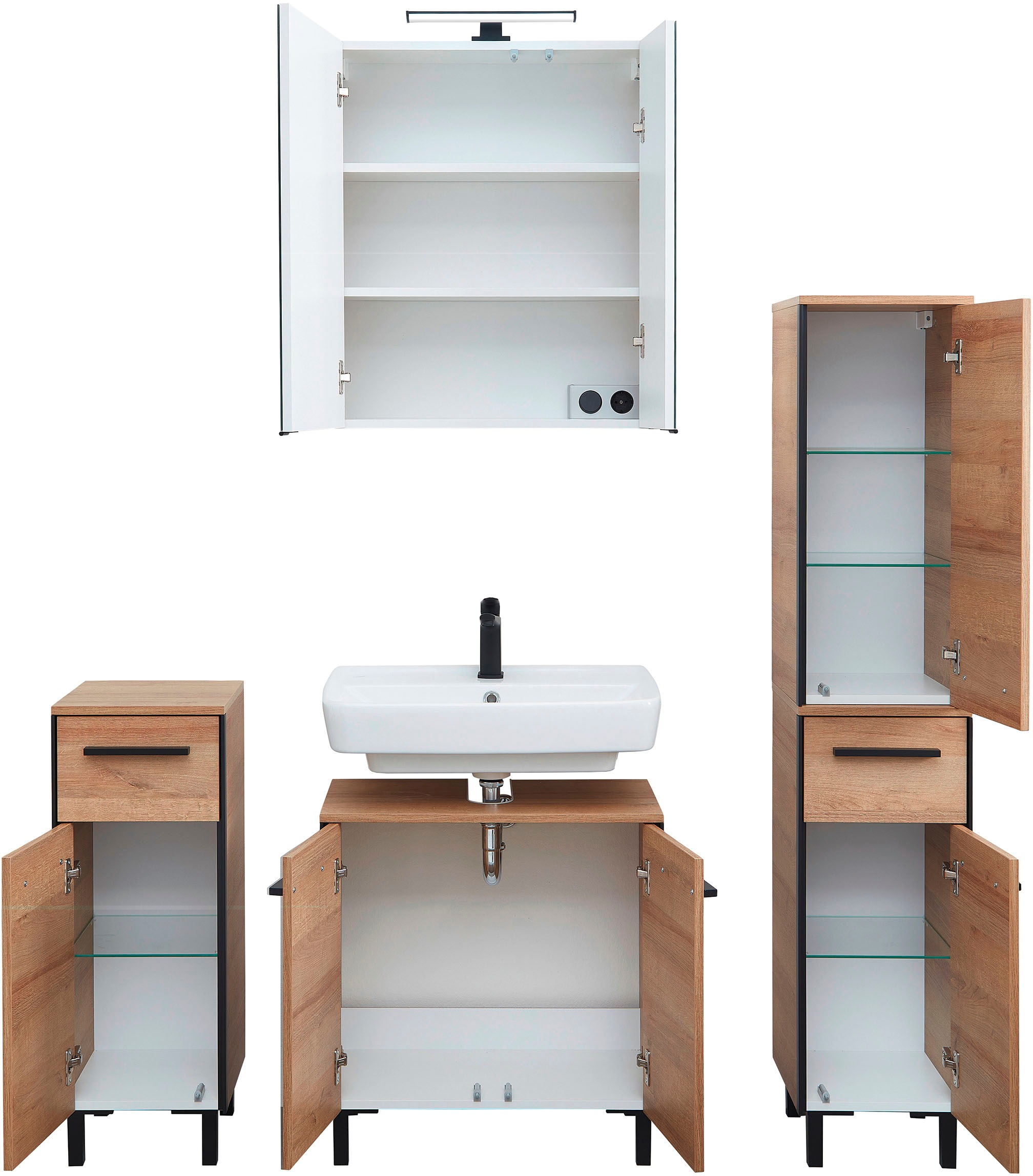 Saphir Badmöbel-Set »Quickset 395 4-teilig, Waschbeckenunterschrank mit LED-Spiegelschrank«, (5 St.), Unterschrank, Midischrank, inkl. Türdämpfer, 7 Türen, 2 Schubladen