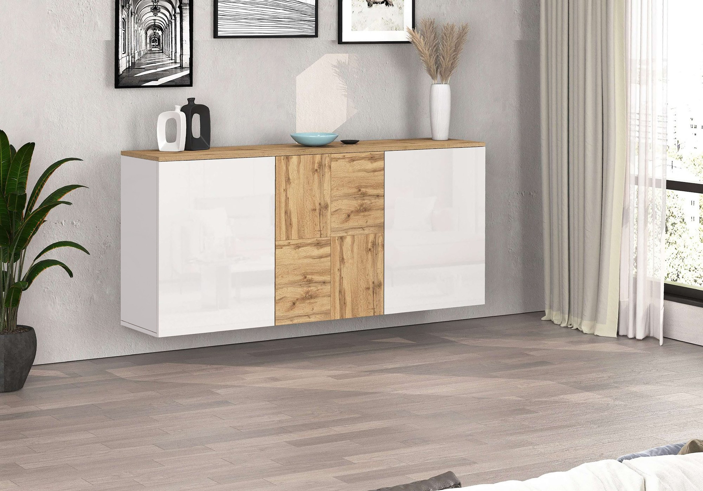 OTTO home Sideboard »ISEO, Kommode, Schrank, Sideboard, Lowboard, 6 Fächer, Breite 150 cm« 1 Stk. tlg. stehend/hängend, 3 Türen Hochglanz lackiert, Made in Italy