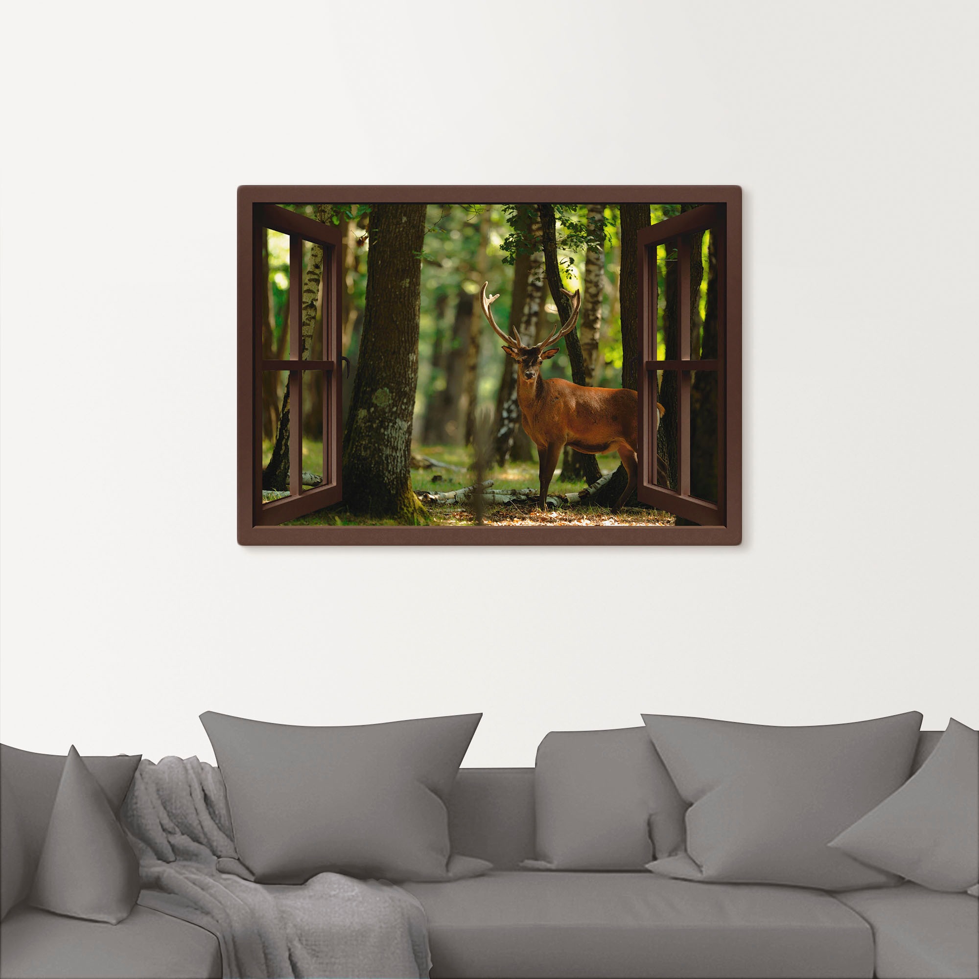 Artland Wandbild »Fensterblick - Hirsch 4 - Wald«, Fensterblick, (1 St.), als Leinwandbild, Wandaufkleber in verschied. Größen