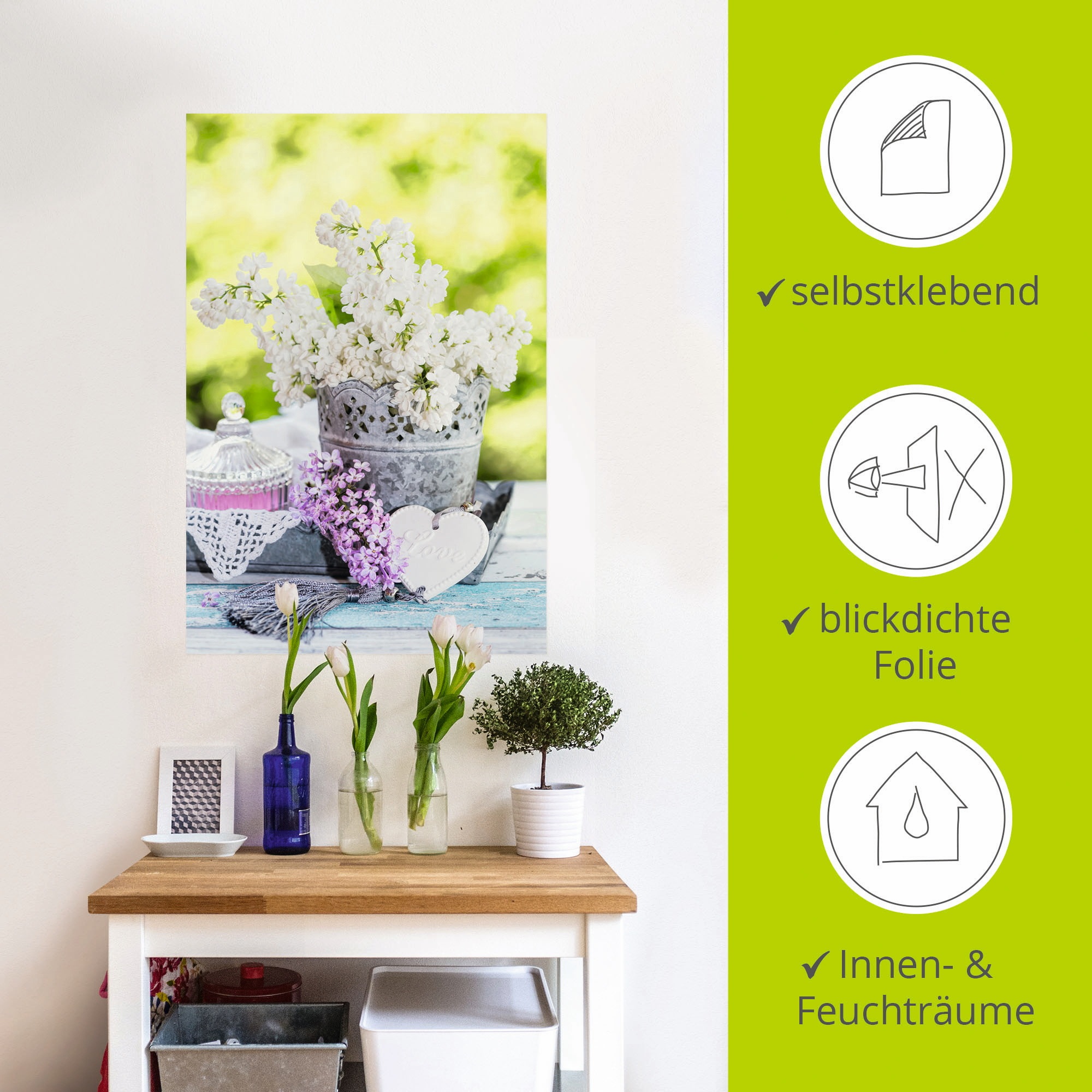 Artland Wandbild »Flieder und Shabby Chic Stillleben I«, Blumen, (1 St.), als Leinwandbild, Poster, Wandaufkleber in verschied. Größen