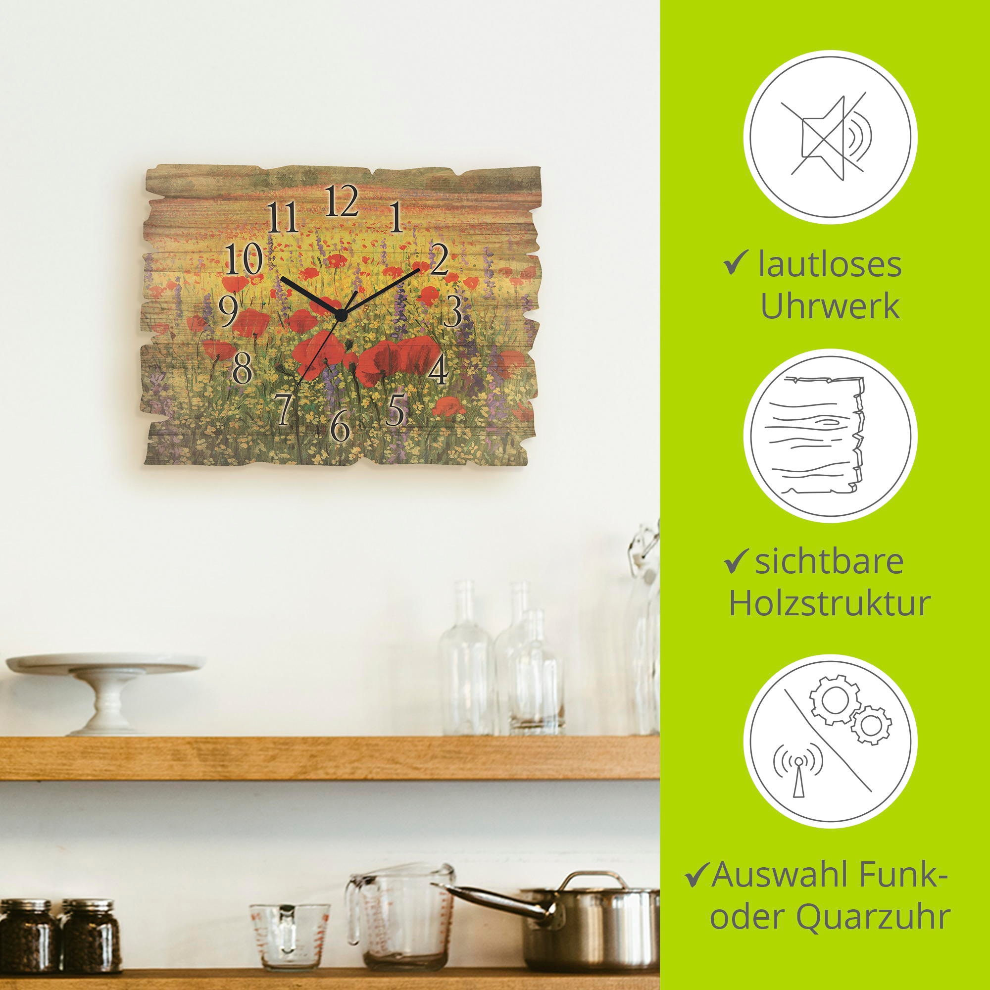 Artland Wanduhr »Holzuhr Mohnblumenfeld« wahlweise mit Quarz- oder Funkuhrwerk, lautlos ohne Tickgeräusche