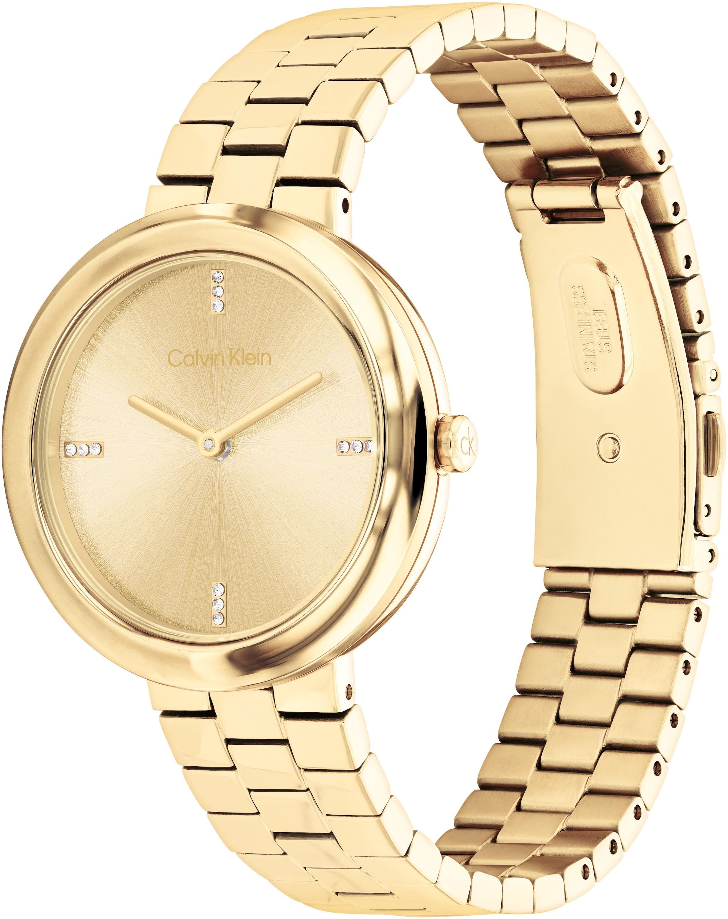 Calvin Klein Quarzuhr »Twisted Bezel« Armbanduhr, Damenuhr, Edelstahlarmband, analog, Glassteine