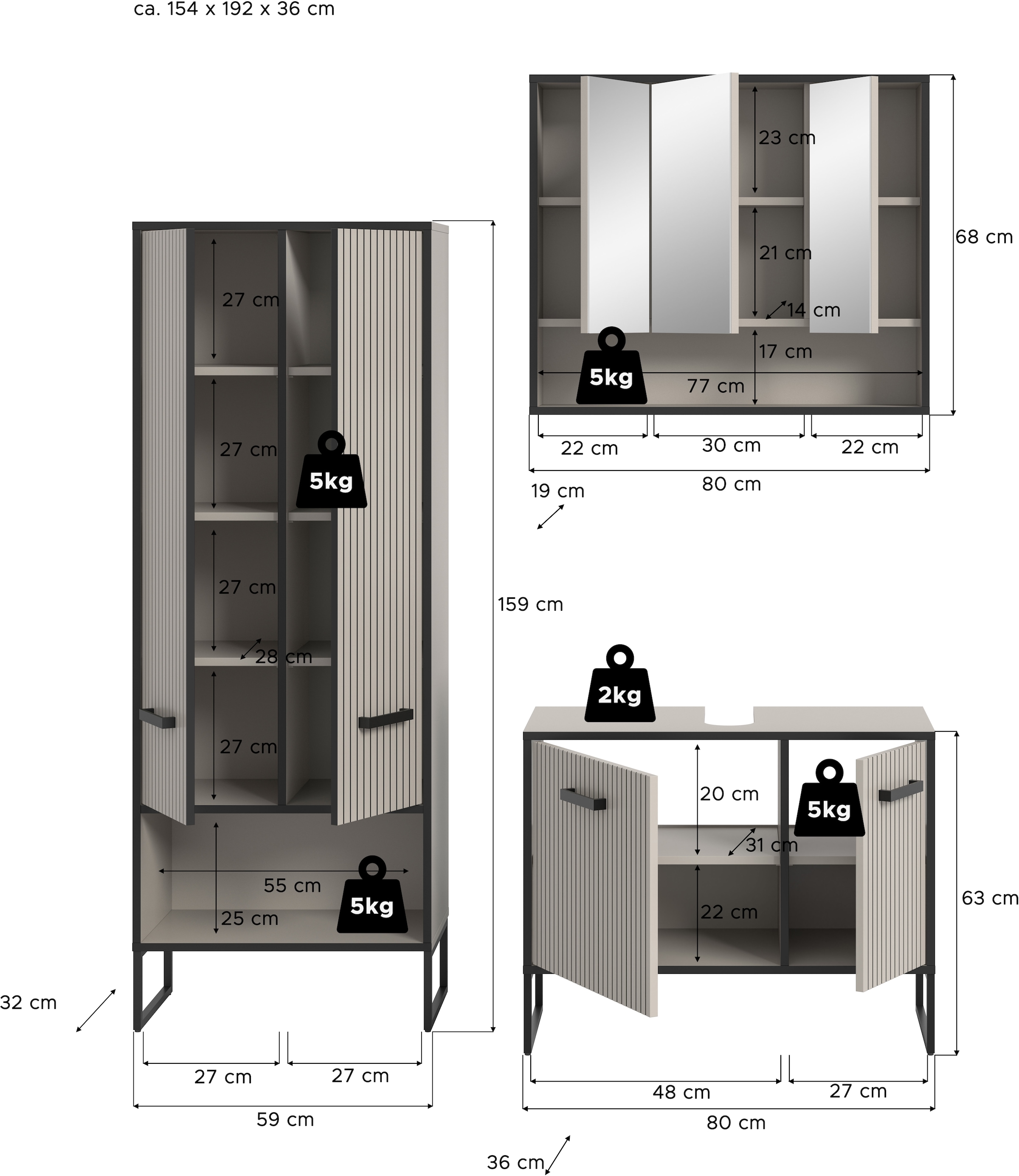 welltime Badmöbel-Set »Locri, Breite 154 cm, Rillenoptik, Metallkufen«, (3 St.), best. aus: Hochschrank, Waschbeckenunterschrank, Spiegelschrank