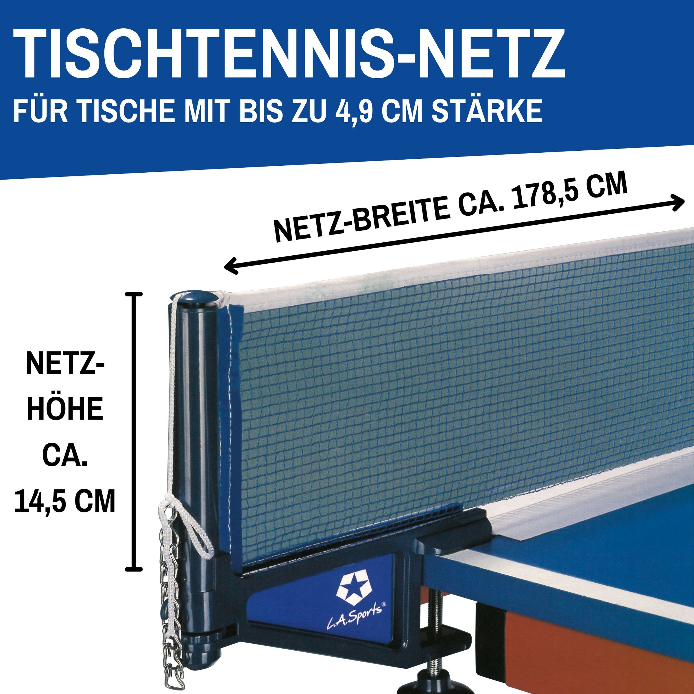 L.A. Sports Tischtennisnetz »Netzgarnitur wetterfest geeignet für Plattenstärke bis 4,9 cm«, (Set, mit Pfosten, Netz, Spannkette und Netzlehre), Höhenverstellbar mit Drehmechanismus