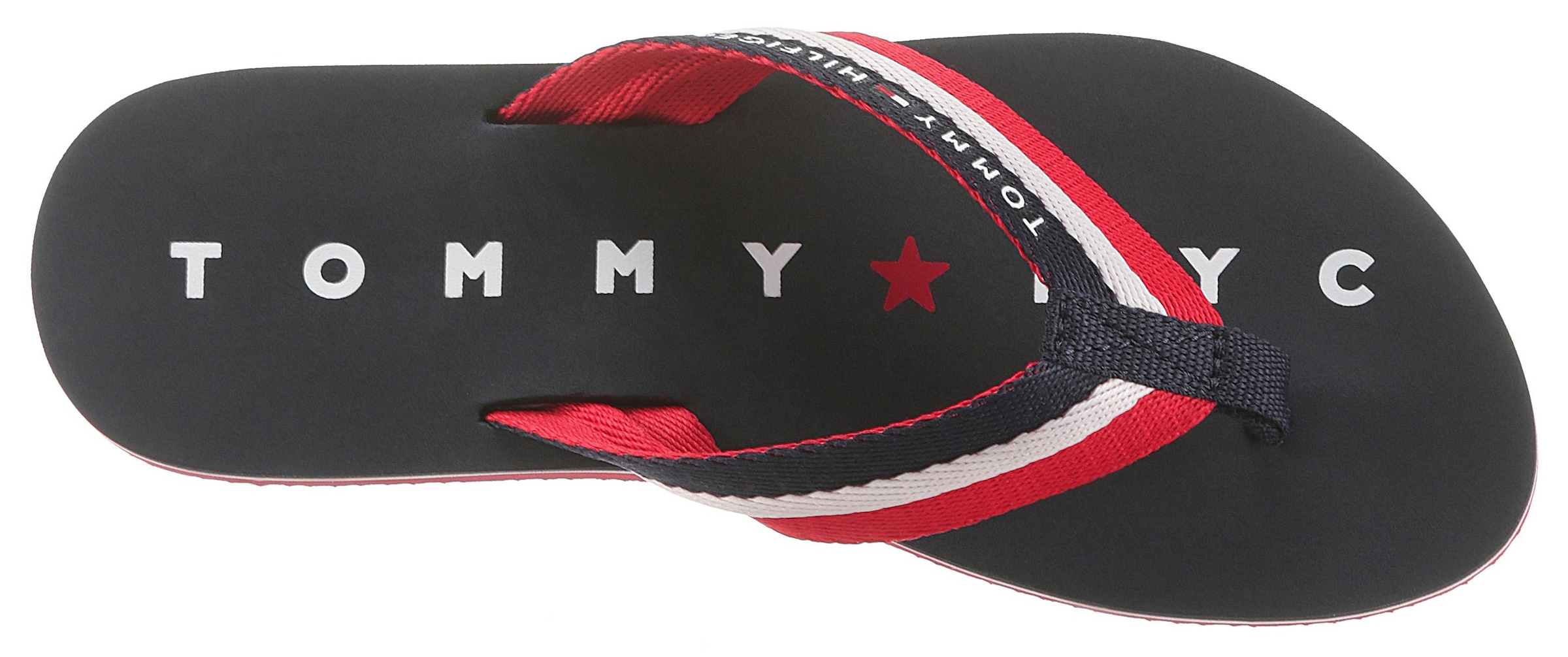 Tommy Hilfiger Zehentrenner »TOMMY LOVES NY BEACH SANDAL«, Sommerschuh, Schlappen, Poolsildes mit Logo ausf der Laufsohle