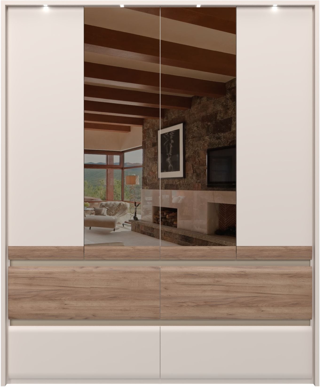 PLACES OF STYLE Kleiderschrank »Invictus, UV lackiert, FSC-zertifiziert, grifflose Optik« abgerundete Schubladen aus MDF im Holzdekor, soft-close,  mit Beleuchtung und Spiegel, in 4 Breiten, hoher Schrank (226cm)