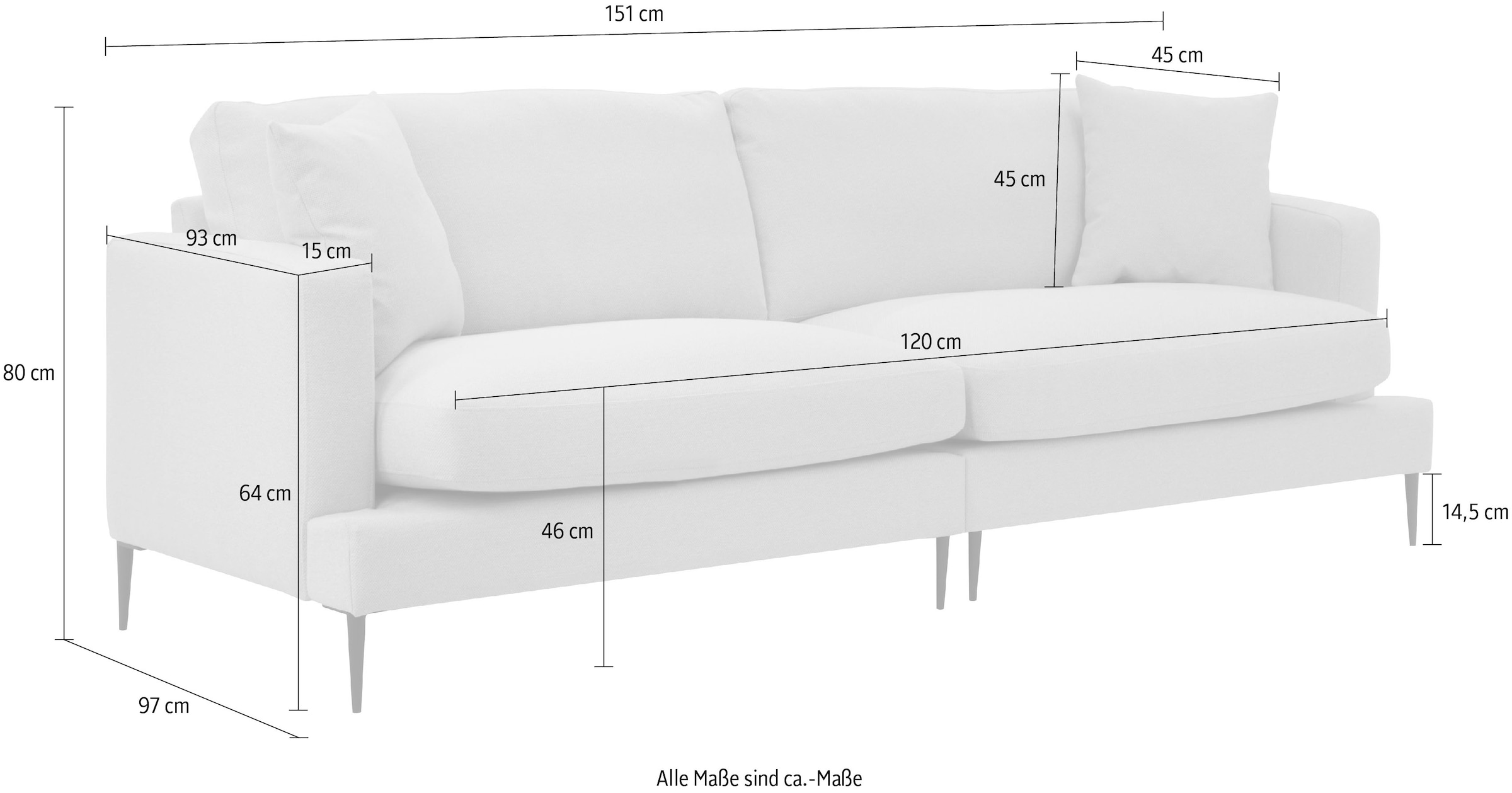 Leonique 2-Sitzer »Cozy elegantes Designsofa, Maße B/T/H: 151/97/80 cm« mit losen Kissen und Metallbeinen