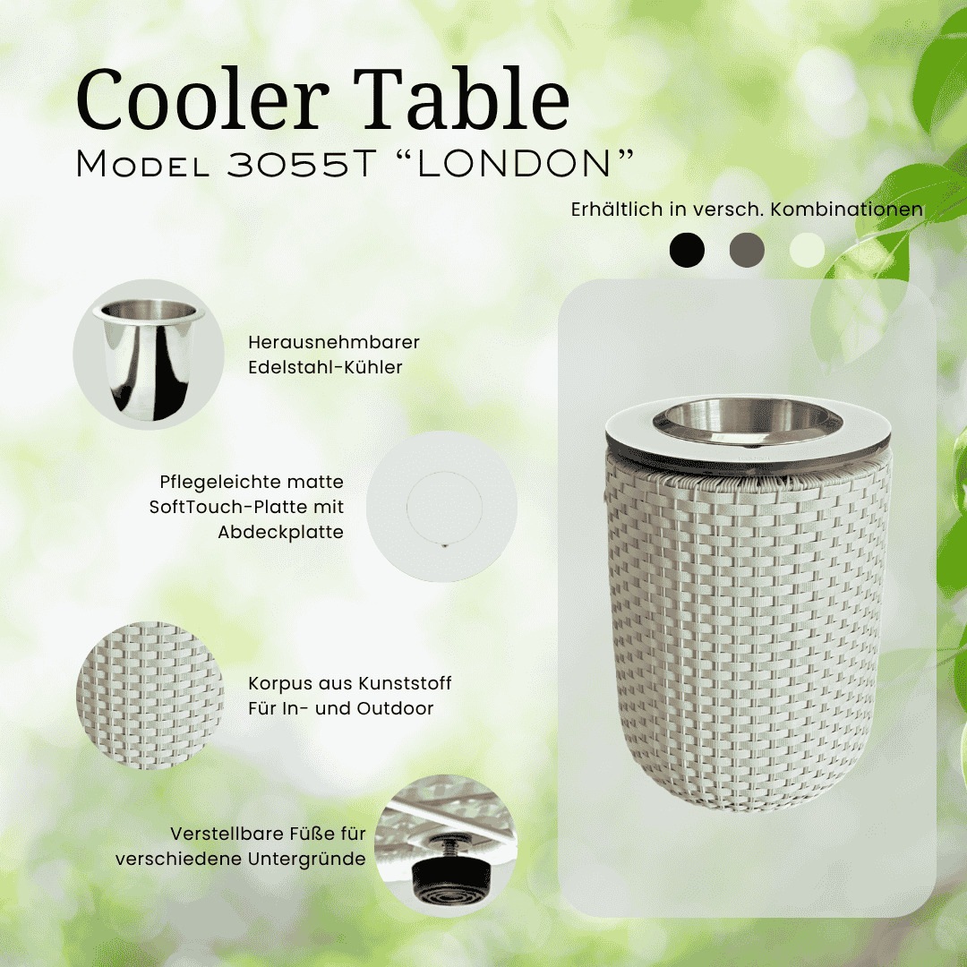 COOTAB Cooler Table Beistelltisch »4-in-1 Loungetisch mit Edelstahl-Kühler London 50 cm« 1 Stk. tlg. Wetterfest, Pflegeleicht, Hitzebeständig, Verstellbare Füße