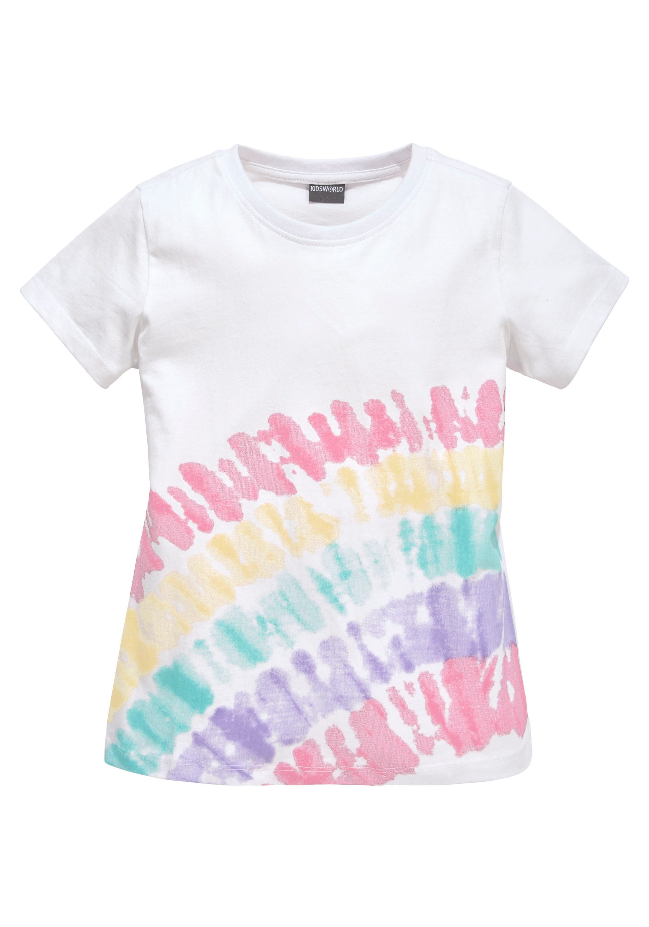 KIDSWORLD T-Shirt »Mit Regenbogen-Print«, Kurzarm, hüftlang geschnitten, bedruckt, Rundhals-Ausschnitt